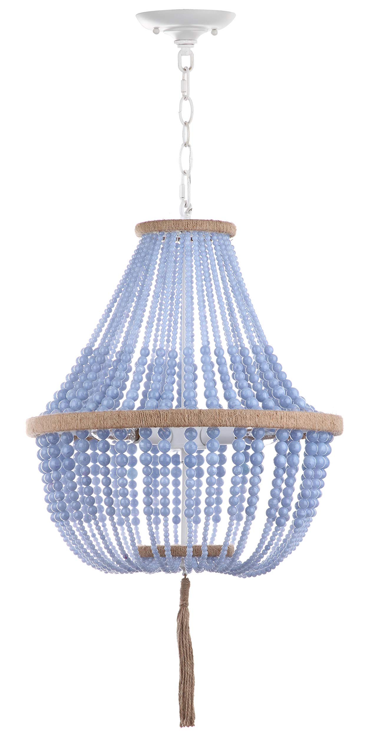 SAFAVIEH Lighting Collection – Lush Kristi Blue Beaded Boho Farmhouse 3-Light Pendant Chandelier with Tassel, Adjustable Hanging Ceiling Light (