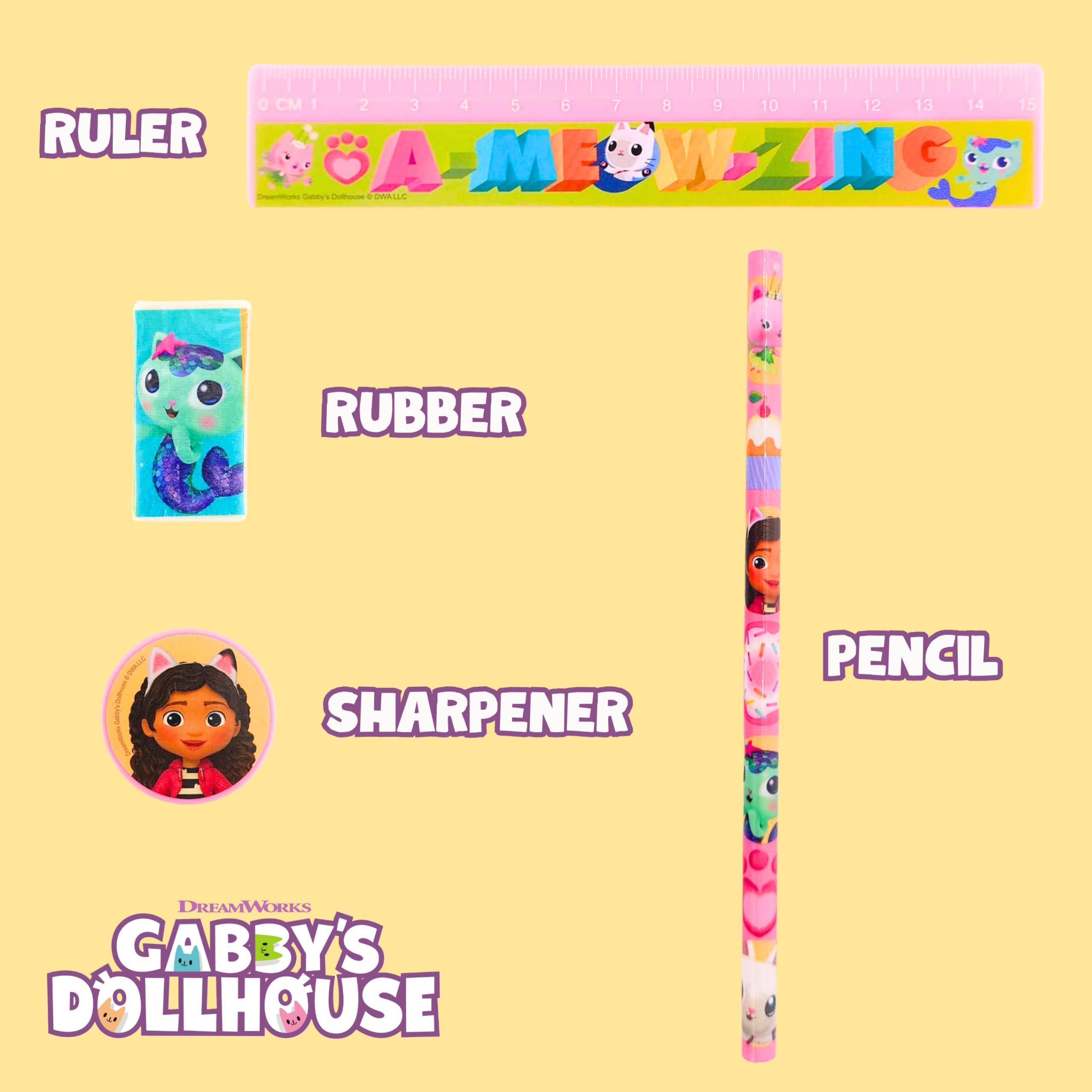 Ensemble Papeterie 5 Pièces Gabbys Dollhouse - Mini Bloc-notes, Crayon, Gomme, Règle, Taille-crayon - Cadeau Enfant