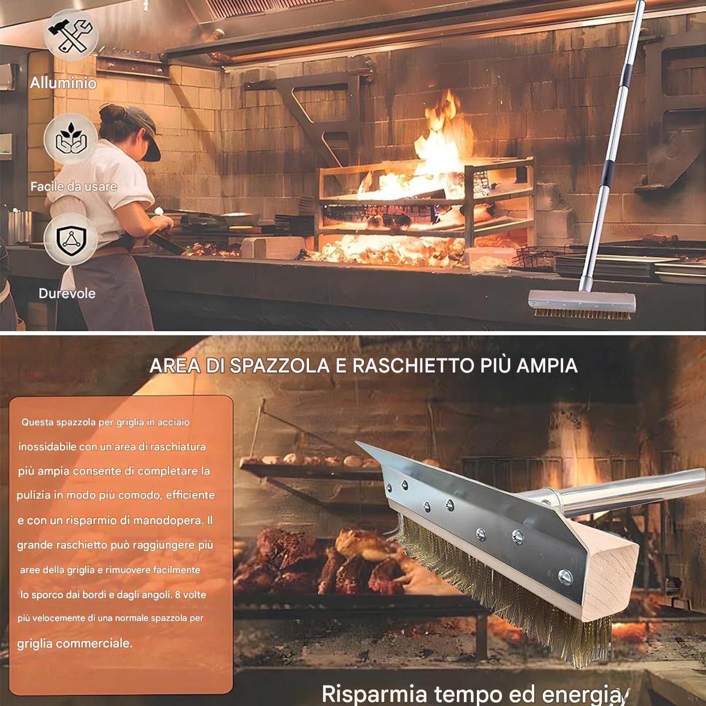 Pizza-Bürste, Reinigungsbürste für Backofen mit langem Griff und Schaber, Reinigungszubehör für Küche und Restaurant