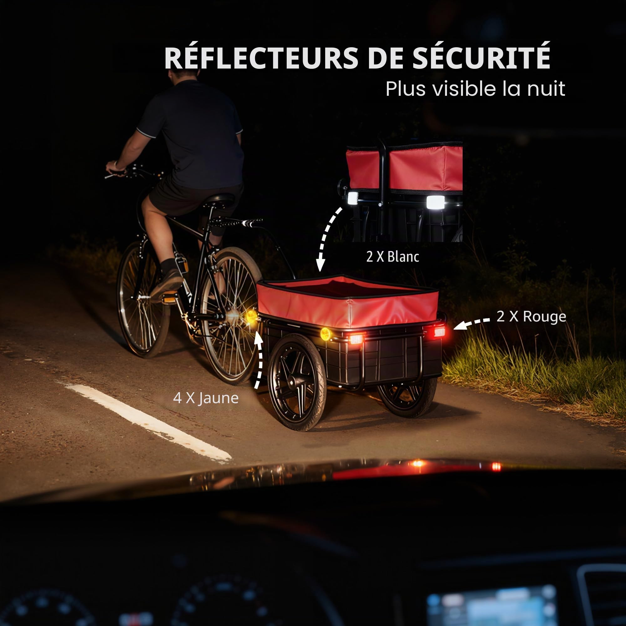 HOMCOM Remorque de vélo pour charge 40 kg, chariot à main avec housse en tissu Oxford imperméable, réflecteurs, cadre en acier et poignées pour transport de bagages, 144 x 59 x 80 cm