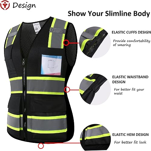 Miniatura 2 de ASIPHITU Chaleco de seguridad reflectante de alta visibilidad para hombres y mujeres con bolsillos y cremallera frontal cumple con las normas