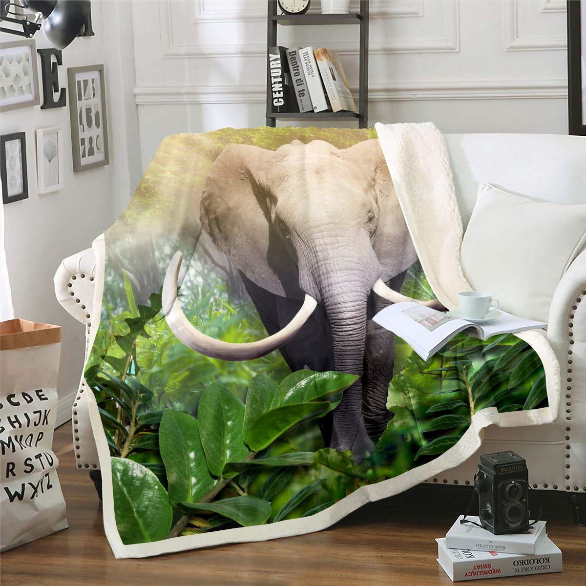 Loussiesd Elephant Fleece Blankets for Kids Boys Teens Wild Animal Pattern Blankets and Throws Leaves and Branches Blanket 3D Elephant Print Sherpa Blanket,Plush Blankets Baby 30"x40"