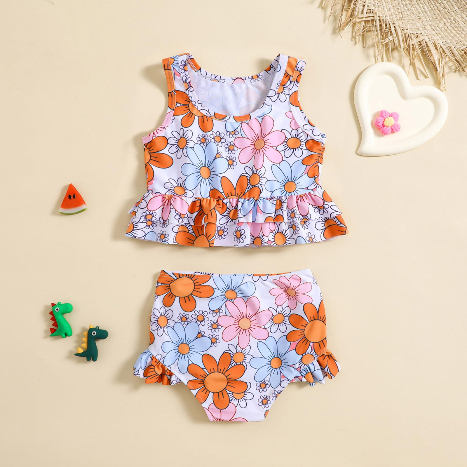 Gaono Toddler Baby Girl Tankini Swimsuit Two Piece Bikini Set Sleeveless Cute Print Bathing Suit Summer Swim Top and Shorts (B-Orange, 18-24 Months)