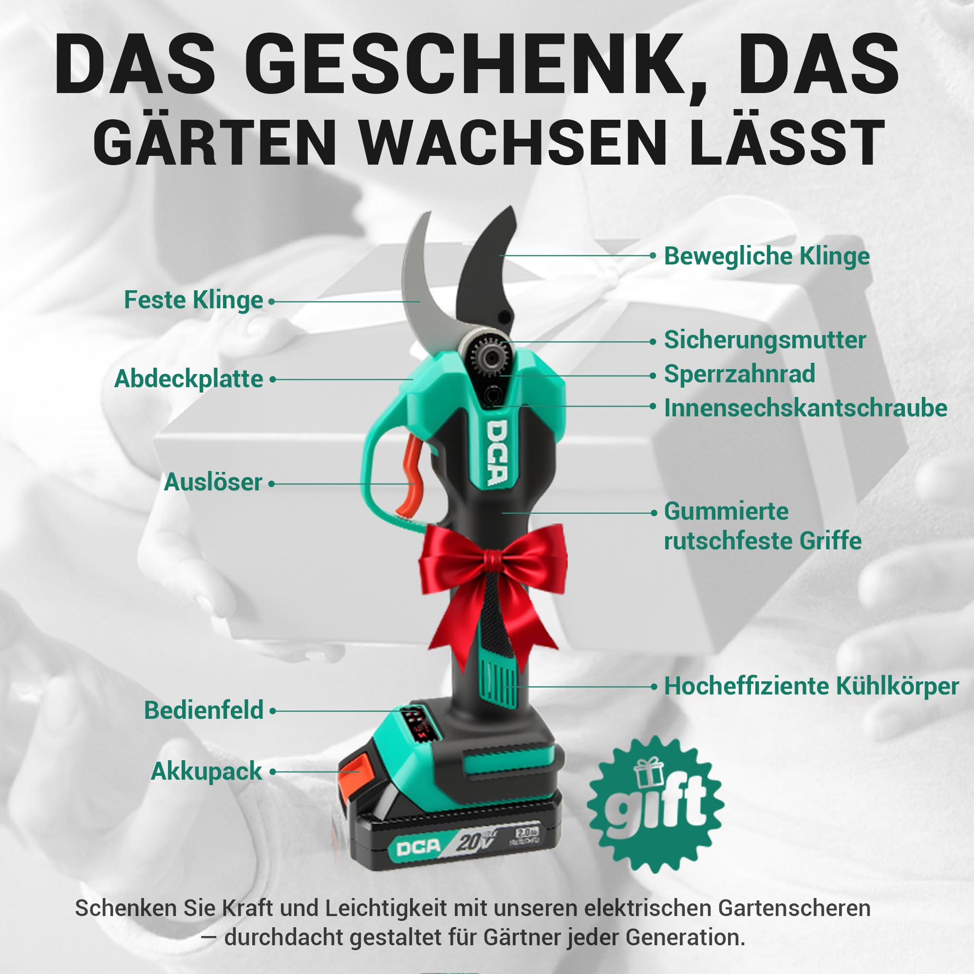 DCA Akku Astschere 20V Bürstenlose, Max 35mm Elektrische Gartenschere mit 2.0Ah Akku und Ladegerät, Professionelle Elektro-Baumschere mit Portable Safety Sleeve für Zweige, Sträucher, Stämme