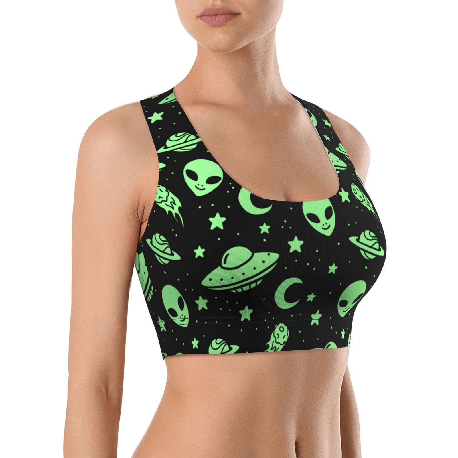 Seamless Comfortable Sports Bras for Women Longline Padded Bra Yoga Crop Tank Tops Fitness Workout Running Top, Green Alien Ufo Moon, L