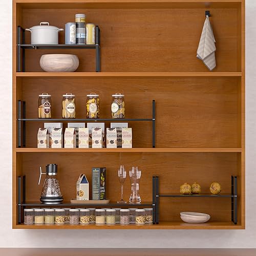 Miniatura 4 de Paquete de 2 organizadores de estantes de gabinete de cocina expandibles, estantes de almacenamiento de despensa de metal apilables, estante de