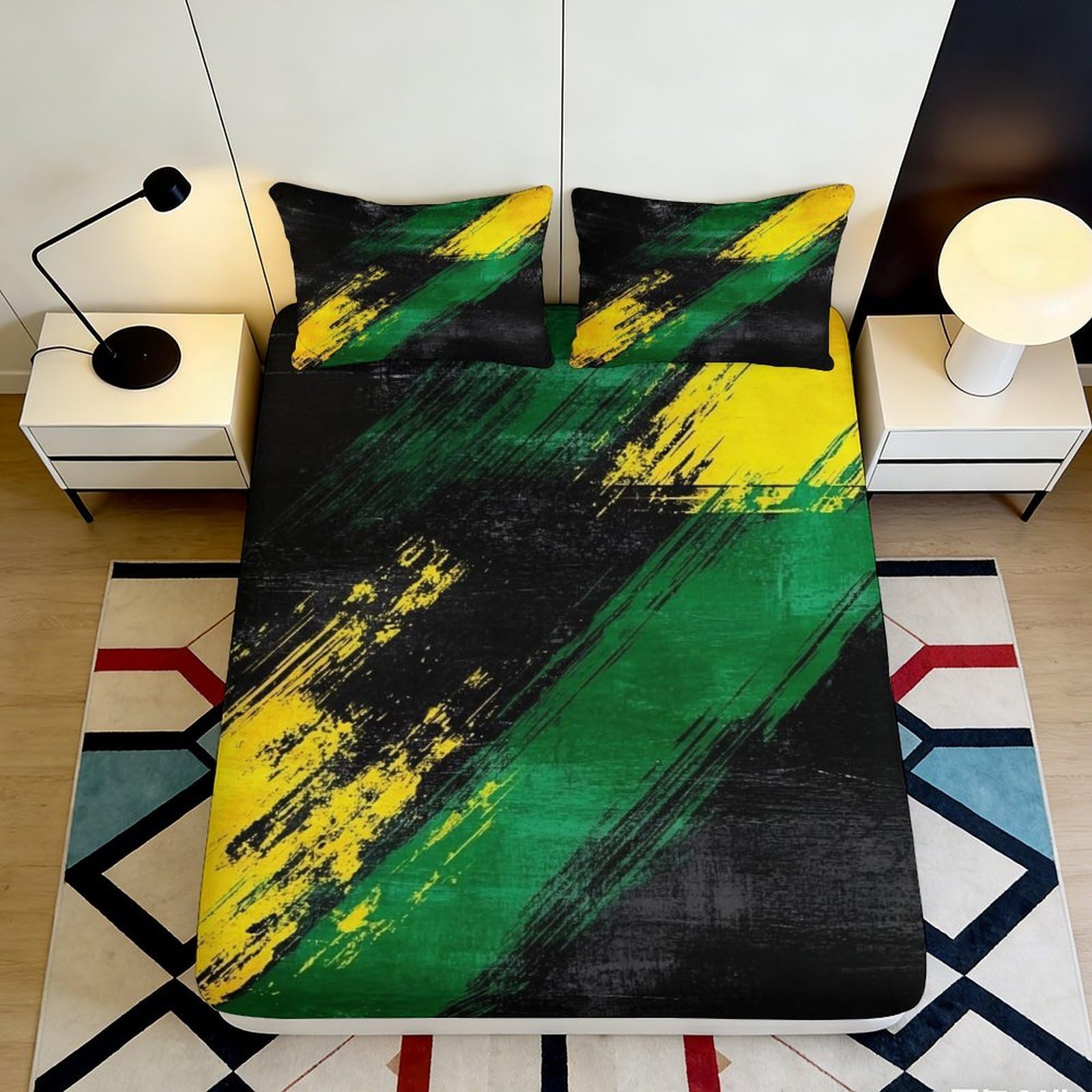 Pnayamiorkfel Style-2 3D Printed Abstract Green Yellow Brushstroke Fitted Sheet Microfiber Bed Cover Modern Bedroom Decor Mattress Protector 90X200x25cm