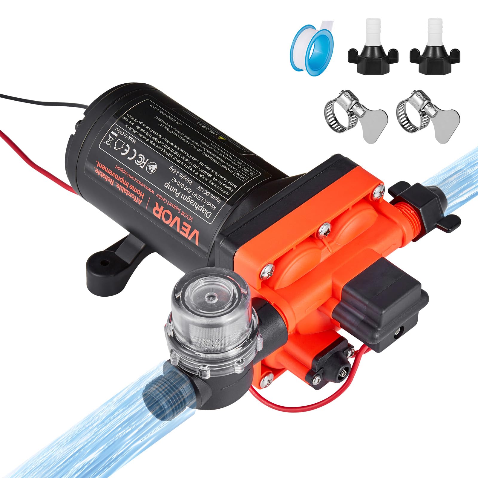 VEVOR Pompe à Eau à Membrane Auto-amorçante 12 V CC 18,9 L/min Pression 4,8 bar 4 Chambres, avec Pressostat, Pompe à Eau pour Camping-car, Lavage de Voitures, Bateaux, Irrigation Agricole, Jardin