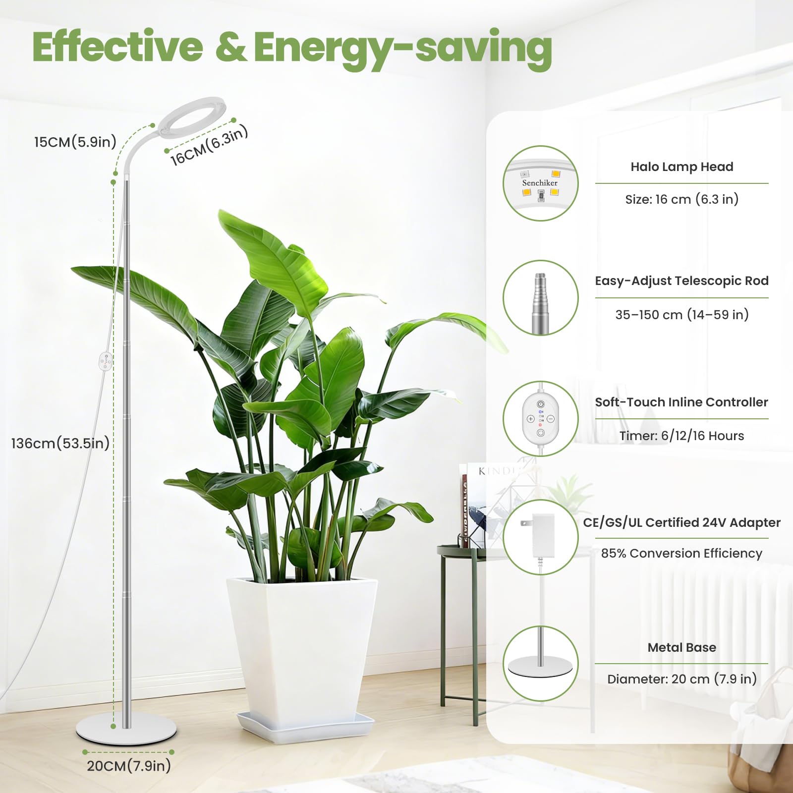 Luz de cultivo para plantas de interior 24V, LED LUMILEDS full spectrum 660nm, lámpara de 16 cm con temporizador y dimmer, altura ajustable 35–150 cm, base de 20 cm, 15W, 260 μmol/s/m²@15 cm
