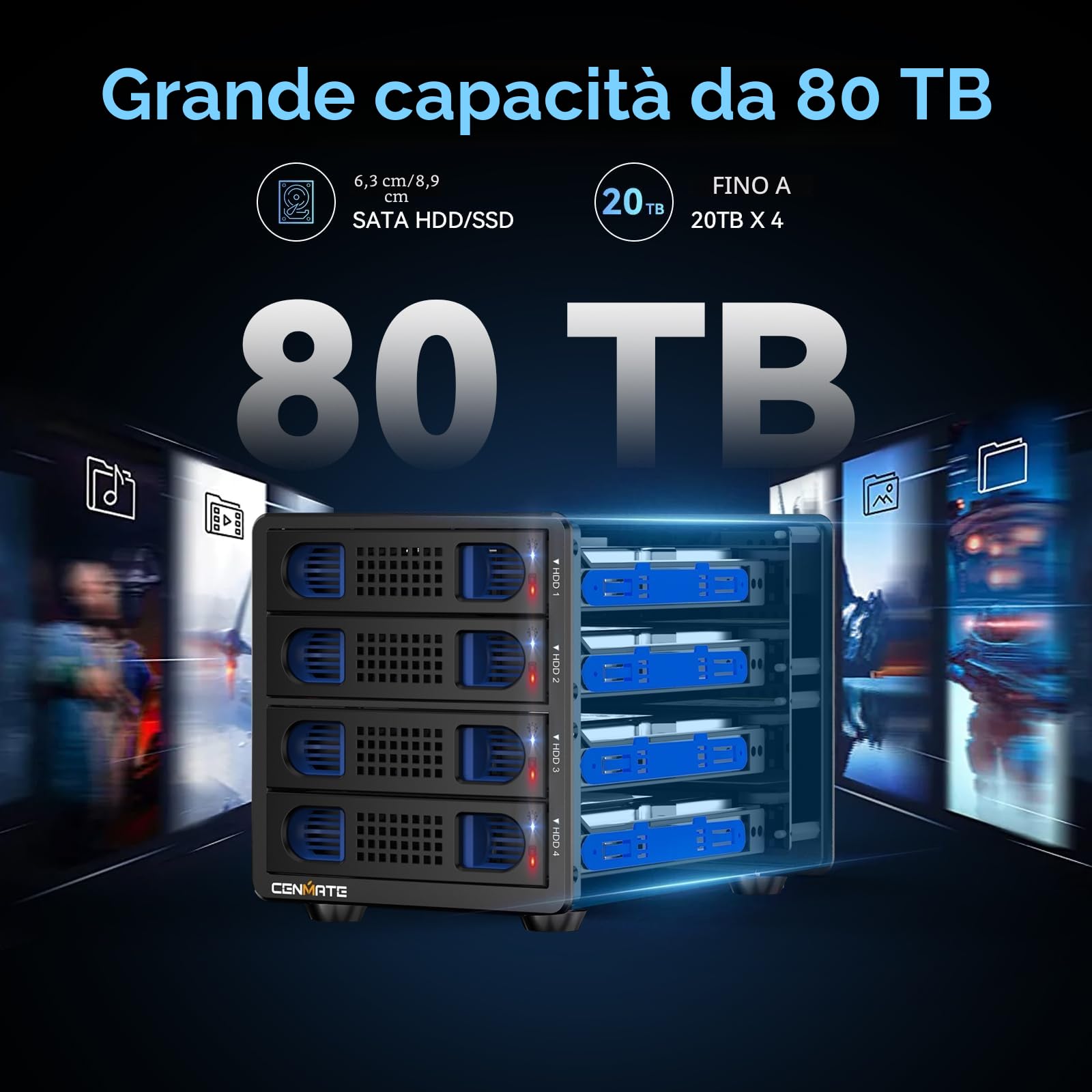Case Hard Disk, CENMATE 10Gbps Case HDD 4 Bay Alluminio con Ventola per HDD/SSD SATA da 2,5/3,5, USB A/C 3.2, Supporto Sostituzione a Caldo, Senza Attrezzi, DAS (NO RAID/NAS)