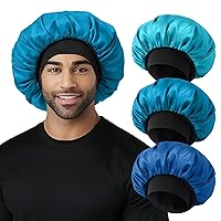 Vista 11 de Gorro para hombre, gorro de doble capa para dormir, gorro negro ajustable con banda elástica, gorros de satén de seda para trenzas de cabello rizado