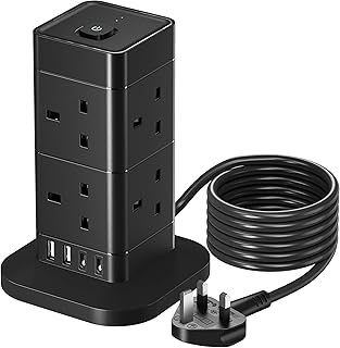 3M Tower Extension Lead with USB Slots, Hotimy 13A 8 Way Extension Lead Surge Protection with 2 Type C & 2 USB Ports, Multi Plug Extension Lead Tower Black 3 Meters Extension Cord for Home, Office