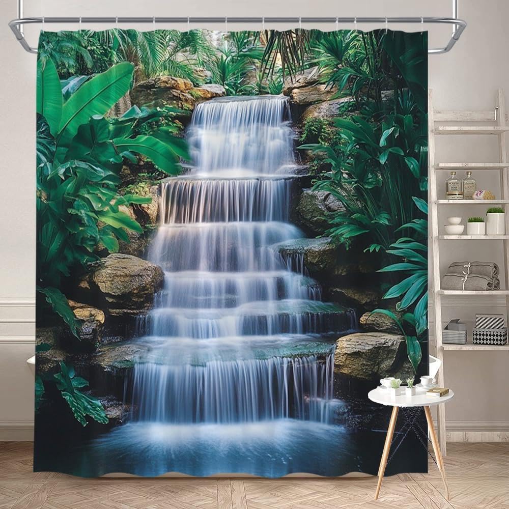Glwdmb B-14 1 Piece 180X180cm Natural Waterfall And Lush Green Tropical Plants Printed Shower Curtain With Hook, Polyester, For Windows And Walls, Bathtub, Bathroom, Machine Washable, All Season Universal