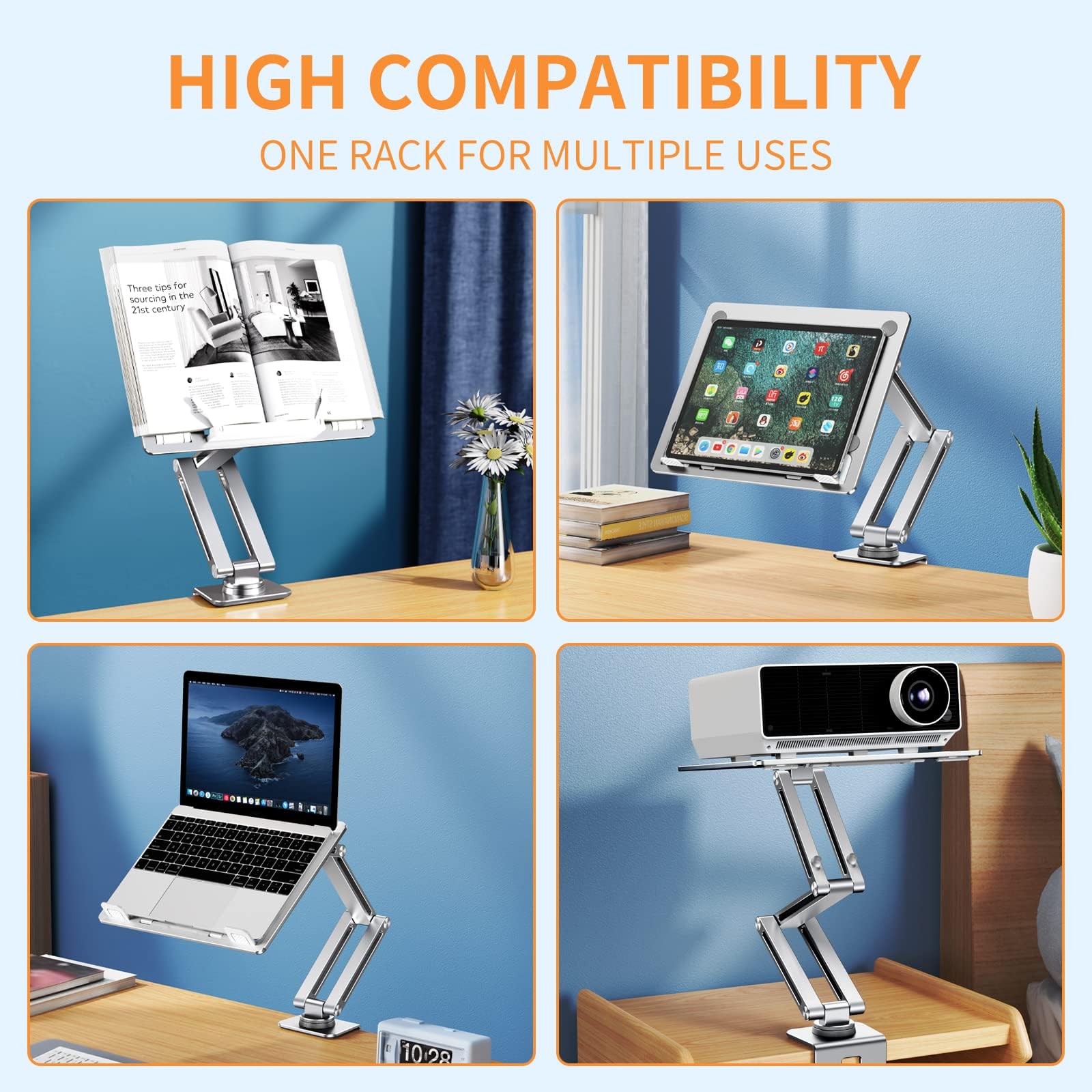 Tablet-Ständer für Schreibtisch, Aluminiumlegierung, Tablet-Halterung für iPad, 360 Grad drehbare Überkopfarmhalterung für Bett, Buchständer zum Lesen, kompatibel mit Tablets von 7 - 15,6 Zoll