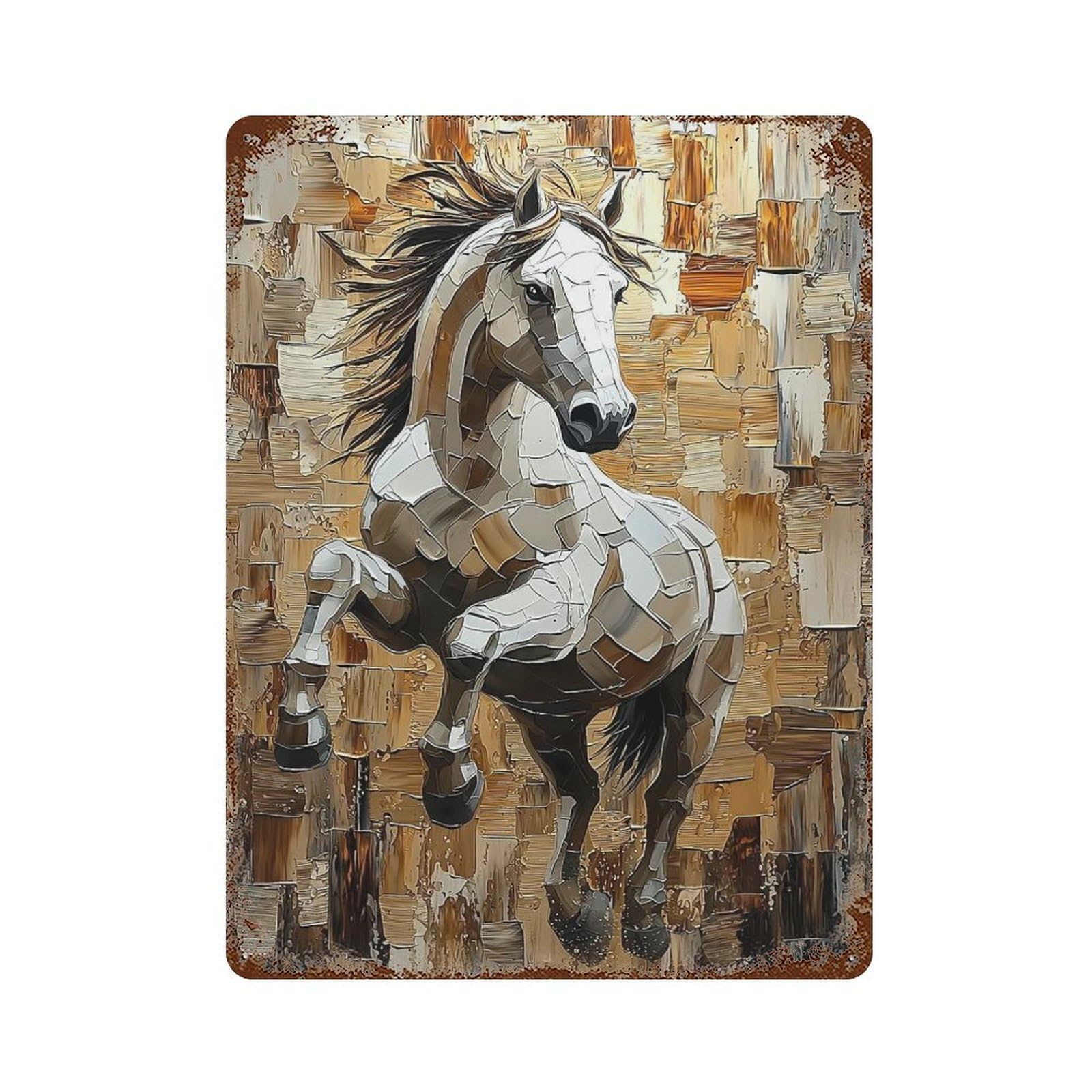 Retro Metal Sign Galloping Horse in Dynamic Impasto Style 15.7"x11.8", Retro Wall Decor for Living Room, Hallway And Home Decor
