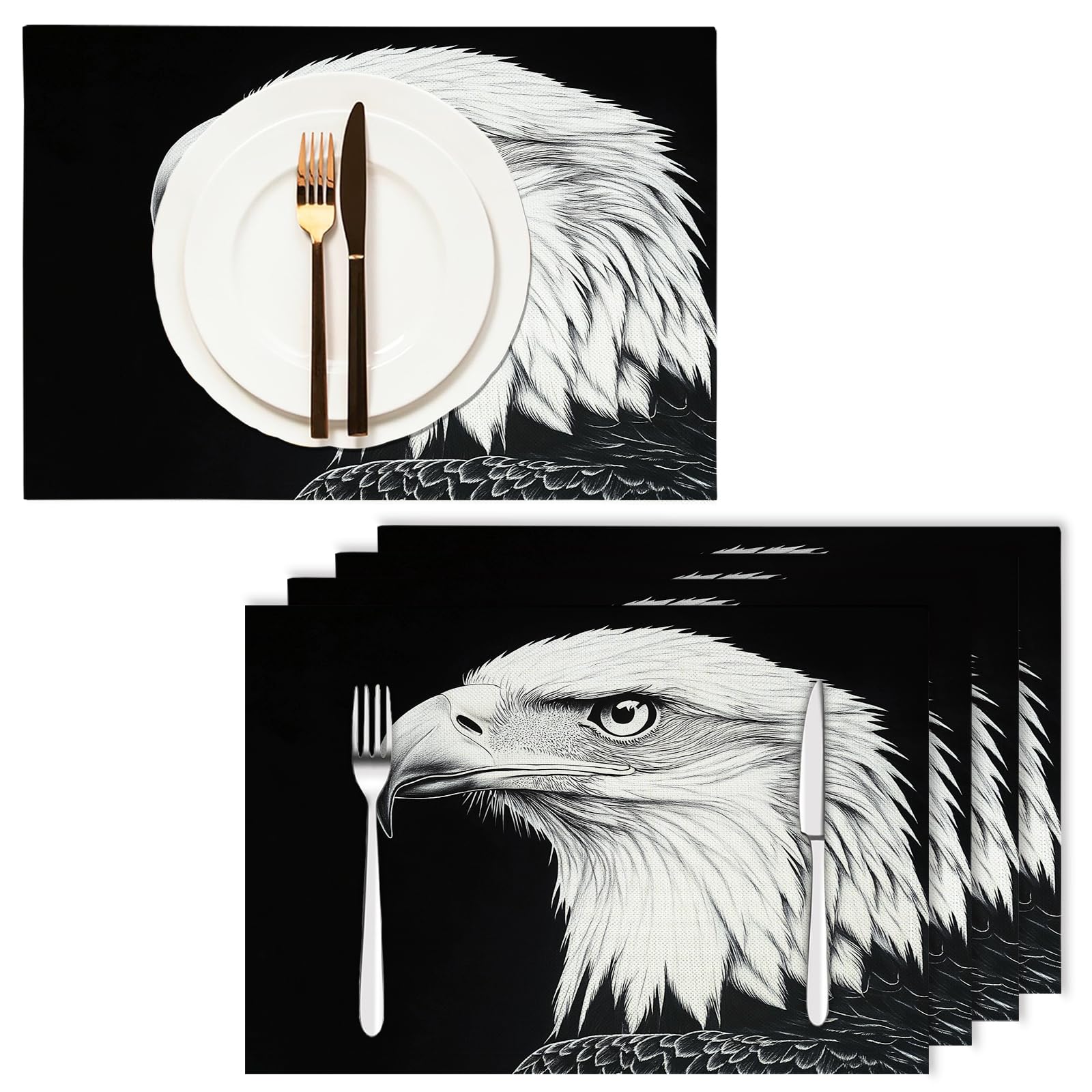 Tovaglietta Americana Animale in Cotone Lino Rettangolare - Tovagliette Set di 8 Testa d'aquila bianca e nera Resistente al Calore per La Cucina, Il L'Ufficio, 30 x 45cm