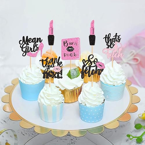 Miniatura 5 de Keaziu 24 piezas de adornos para cupcakes para niñas, con texto en inglés So Fetch Cupcake Thank You Next Picks, pintalabios para temática de