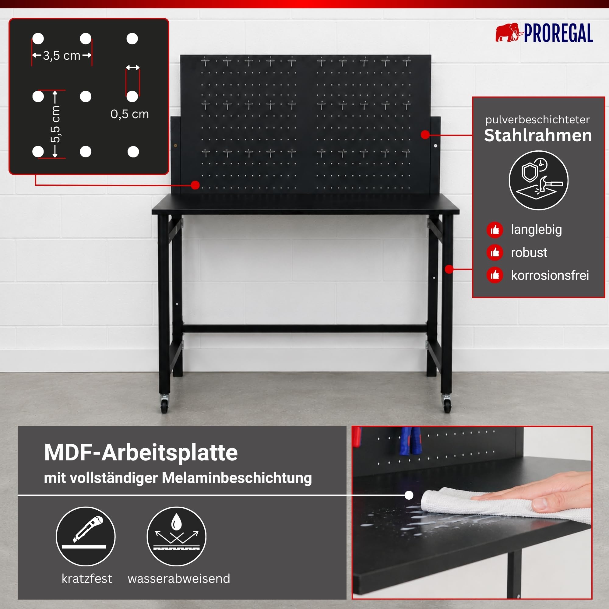 PROREGAL Werkbank klappbar für Wandmontage Titan mit Werkzeug Lochwand für Werkstatt 144x115x63cm Fachlast 55kg inkl. 30-teiligem Hakenset Schwarz Werktisch für Enge Räume mit Lochplatte Werkzeugwand