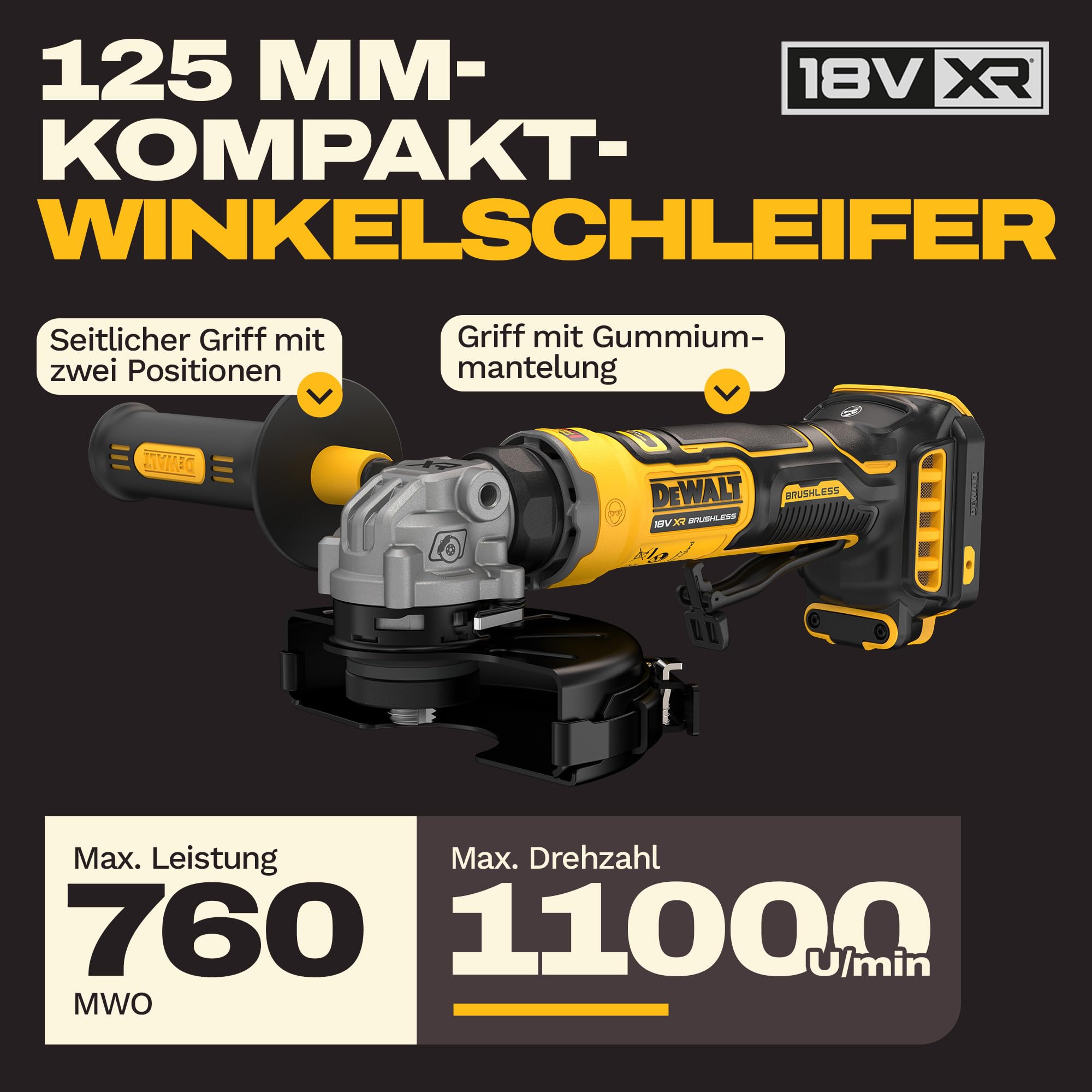 DEWALT 18V XR Kompakter bürstenloser 125mm Winkelschleifer, DCG404N-XJ