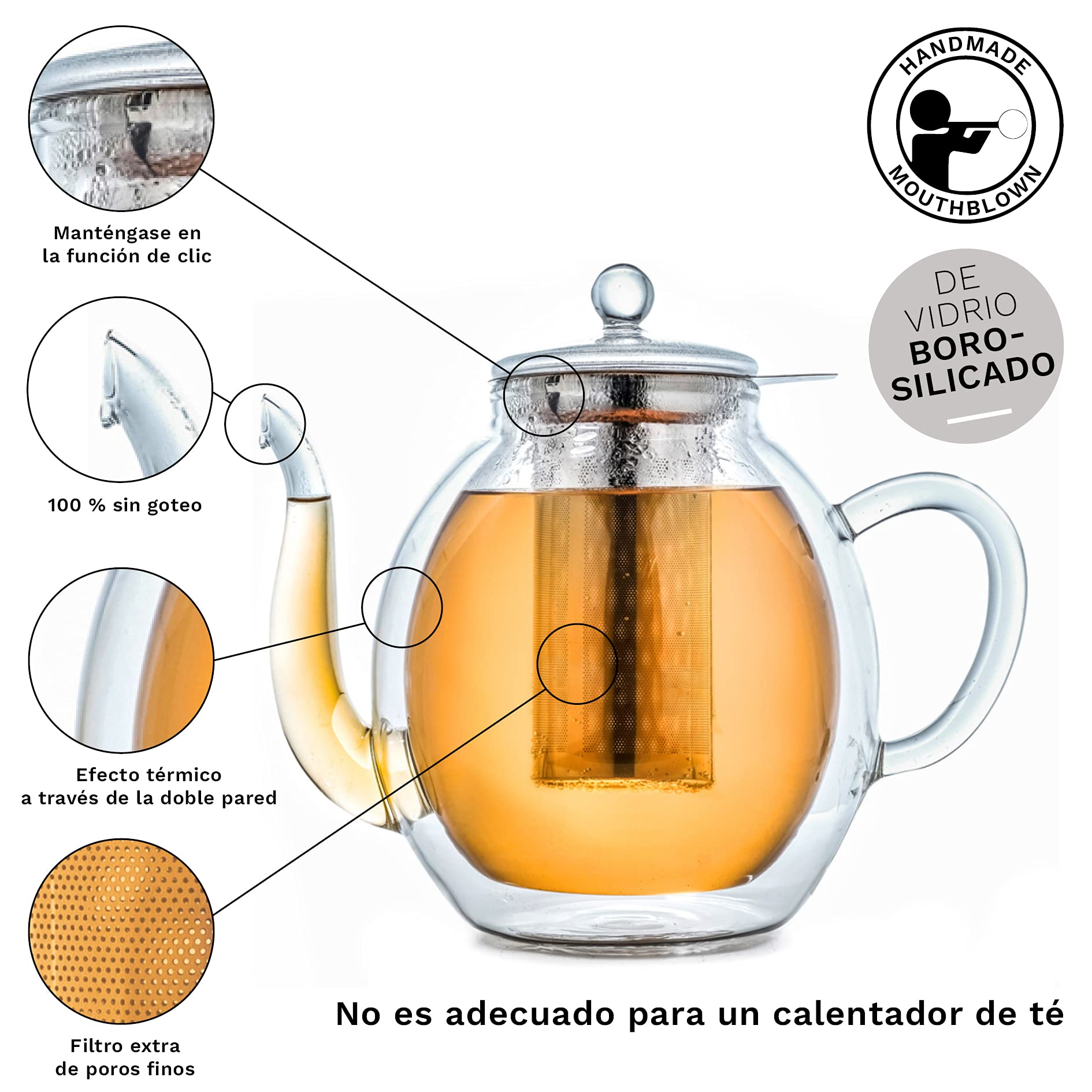 Creano Théière en verre à double paroi 1,4 l avec filtre en acier inoxydable – Théière isotherme anti-goutte pour thé en vrac et fleurs de thé