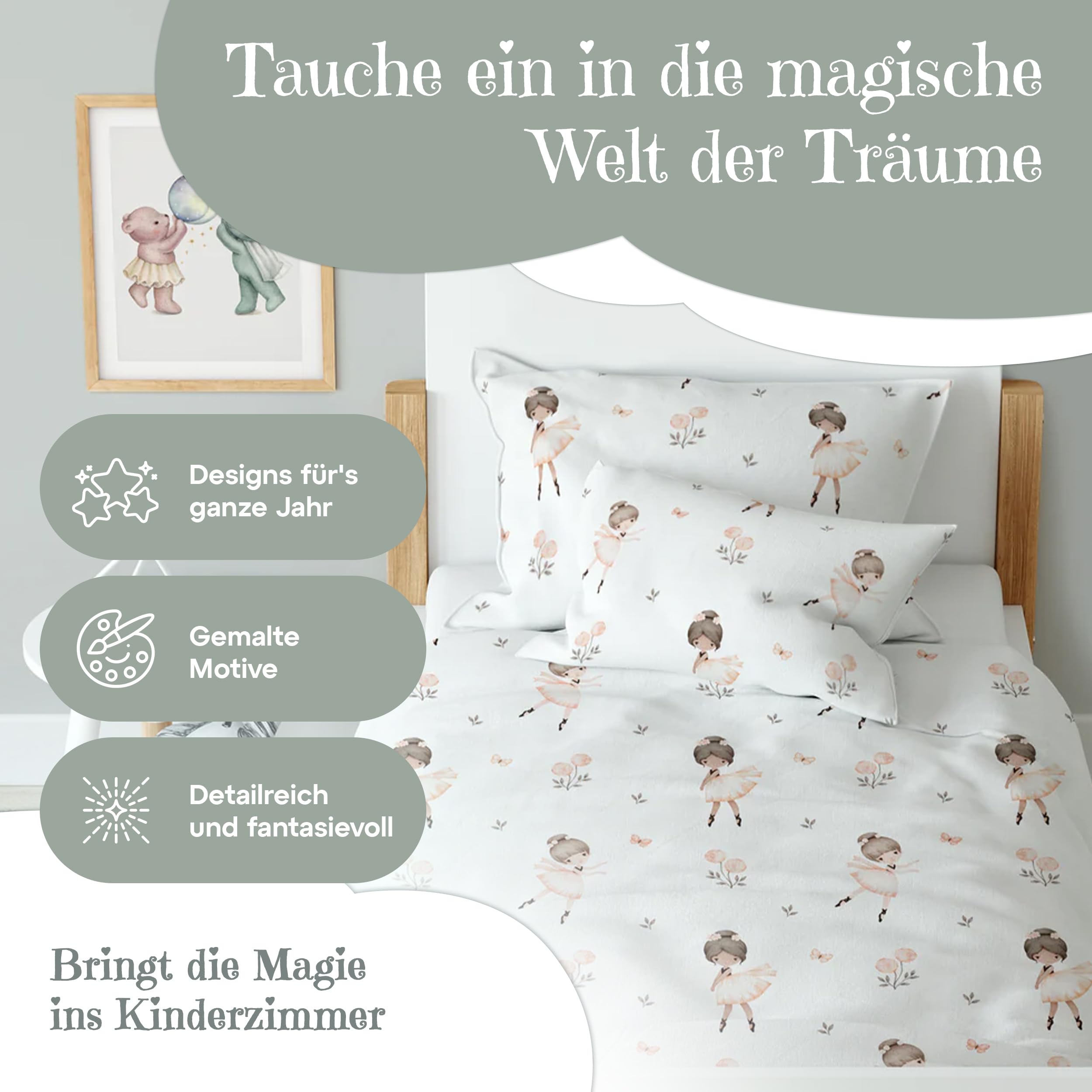Premium Bettwäsche 135x200 für Kinder (Ballerinas) - Flauschige Musselin aus Baumwolle - Oeko-TEX zertifizierte Premium Kinderstoffe