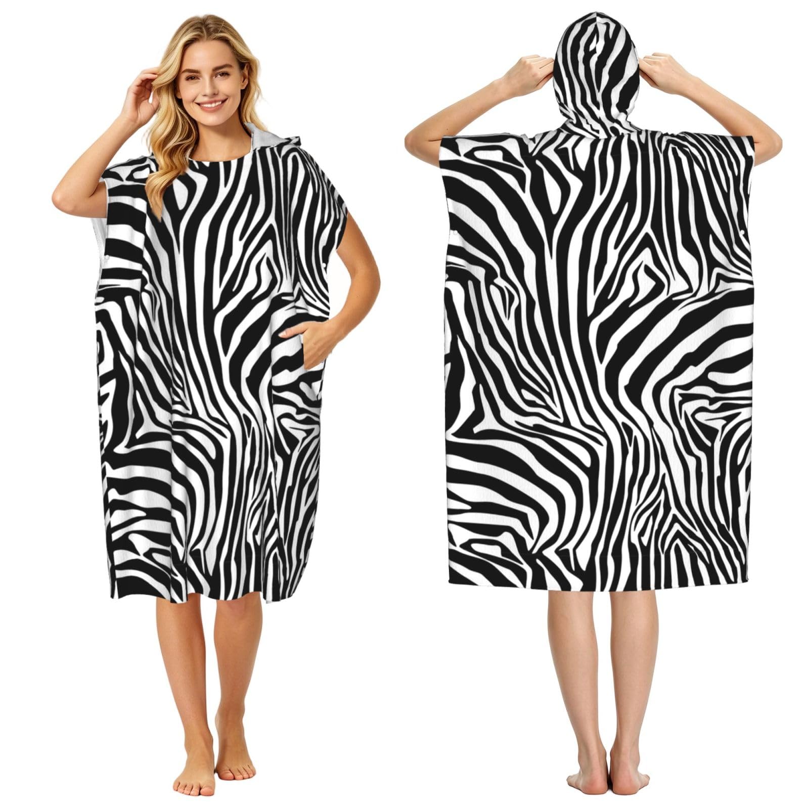 Poadnly Zebra Pattern, Adult Hooded Beach Towel 90 x 110 cm,Changing Bath Robe, Surf Poncho Towel For Women Men