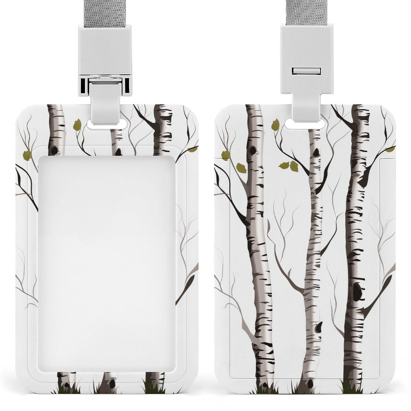 ID Card Holders for Lanyard,Birch Tree Printed Badge Holder with Clear Window,Plastic Vertical Bus Pass Holders for Work Teacher Nurse Employees Proximity Key Cards Women Men