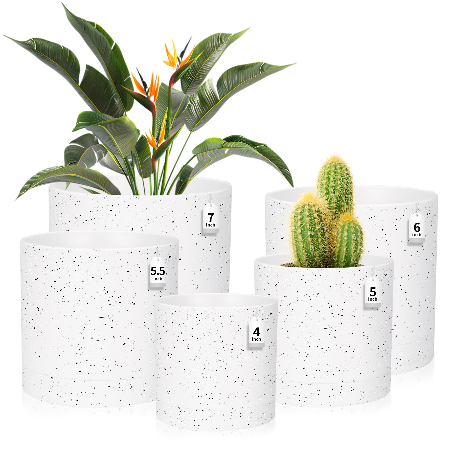 CSYY Plant Pots Indoor, Plastic Plant Pots, Flower Pots Outdoor Self Watering Indoor Plant Pot with Drainage Holes and Tray, Plastic Planter for Garden House Plants (White and Black, 7/6.5/6/5/4) — image 1