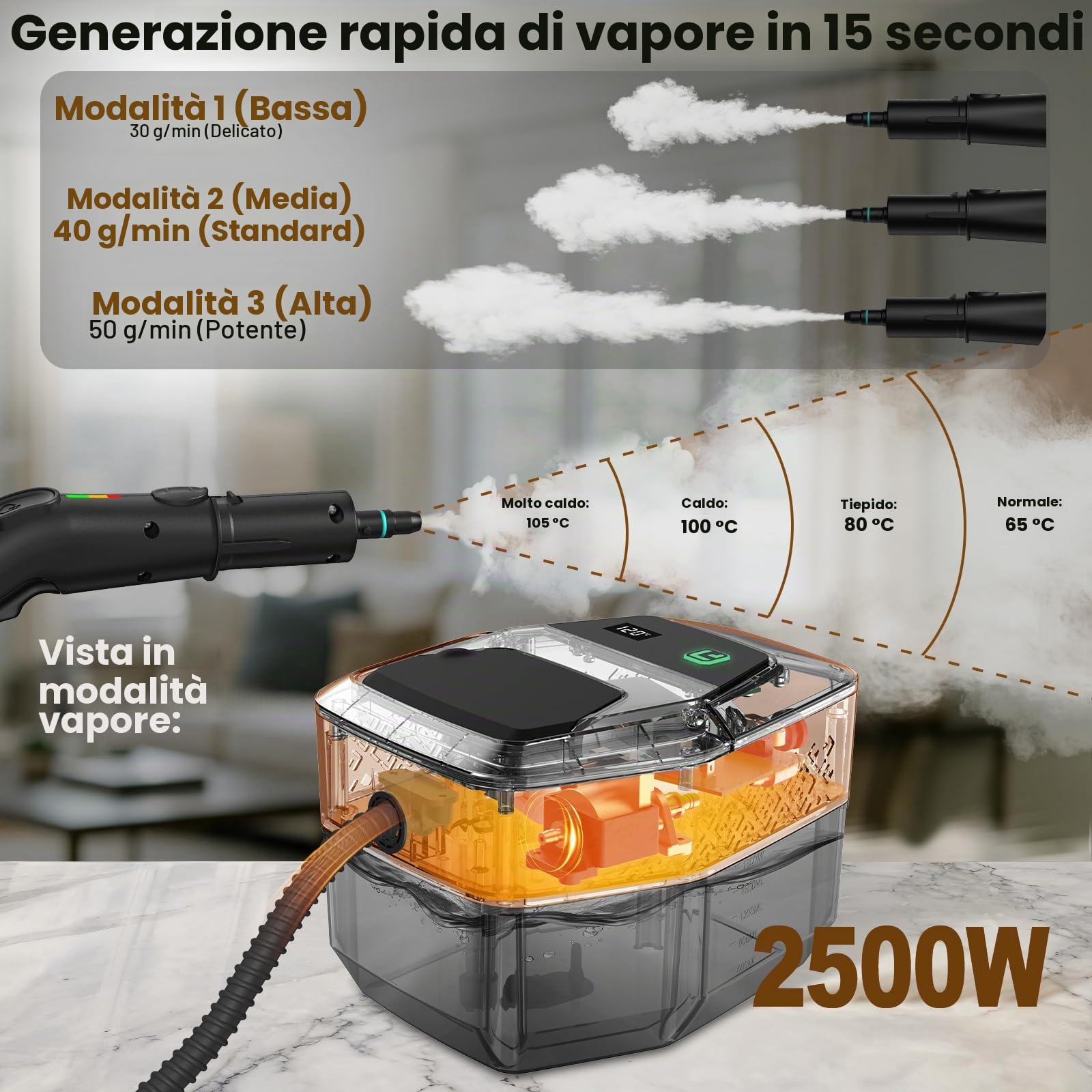 14 in 1 Pulitore a Vapore, 3 Livelli Maniglia Regolabile, Display Temperatura, 15s in Riscaldamento,1,8L Serbatoio, per Cucina, Bagno, Auto e Mobili (Nero e Oro)
