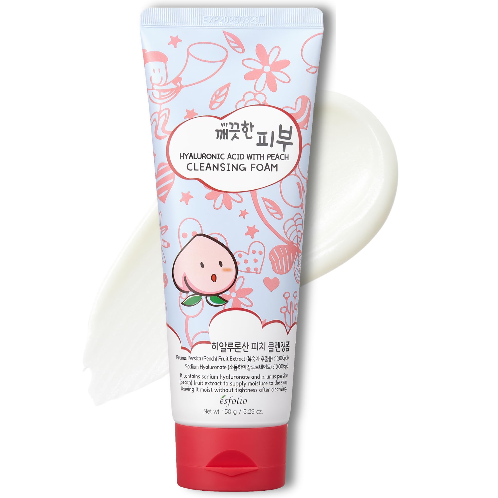 Hyaluronic Acid with Peach Cleansing Foam Face Wash – Moisturizing Facial Cleanser – Gently Removes Dirt, Oil & Impurities – Soft Creamy Foam with Hydrating Formula (5.29oz -150g)