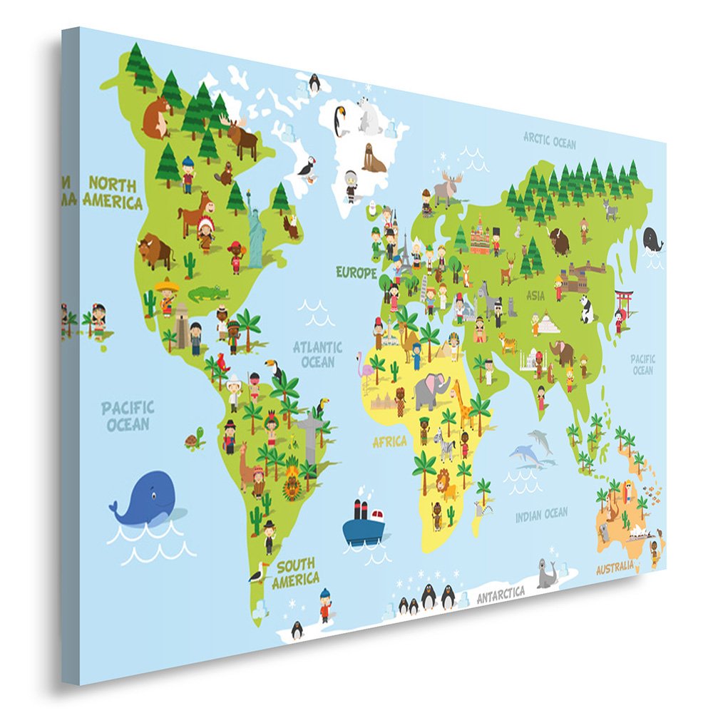 Feeby Quadro Su Tela Mappa Del Mondo 100x70 cm 1 pezzo Stampa Murale Fotografia Decorazione da parete Immagini Moderni per Soggiorno Camera da Letto Ufficio Cucina Il Moderno Mondo Bambini