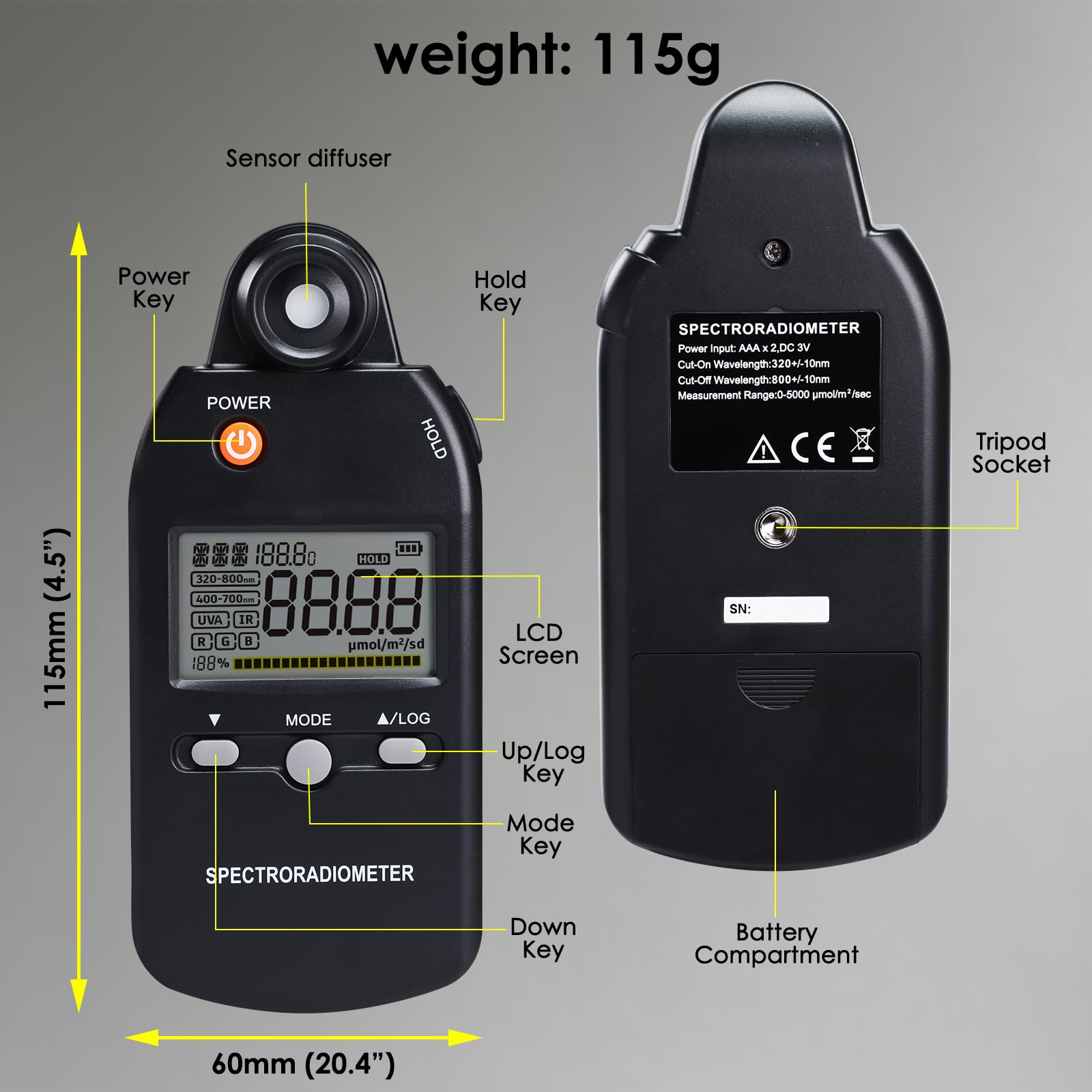 PAR Luxmeter PPFD Quantenspektroradiometer Vollspektrummessung 320-800 nm UV-Analyse Farbwiedergabe Pflanzenwachstumstest Datenspeicherung