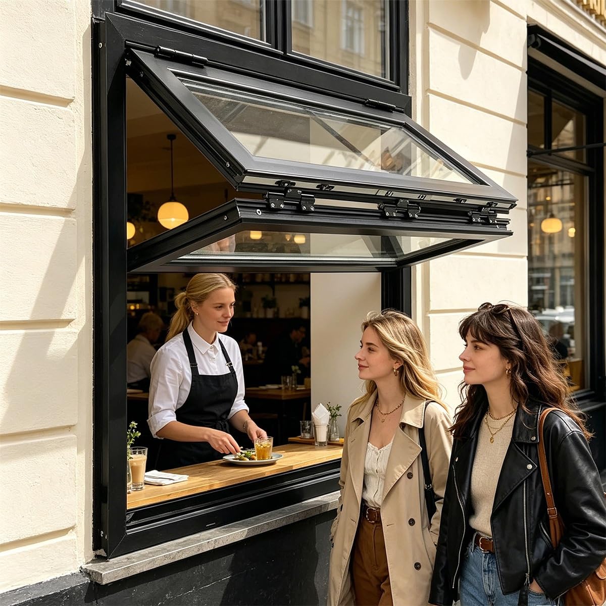 Premium vertikal faltende Verkaufsfenster aus Aluminiumlegierung mit verschließbares Fenster für Imbisswagen, Wohnmobile, Küchen und Gastronomiebetriebe(Black,36x60in/91.5x152.4cm)