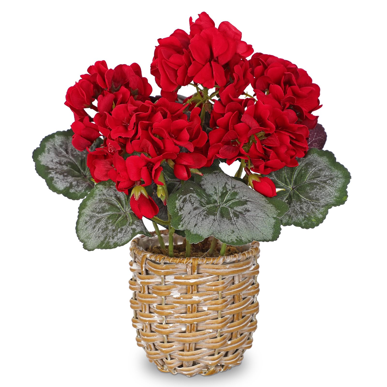 Arborus 28cm Artificial Red Geraniums Plant in Woven Pot Realistic Silk Flowers in Rustic Basket Indoor Outdoor Faux Potted Plant Artificial Flower Arrangement for Home Balcony Table Living Room Décor
