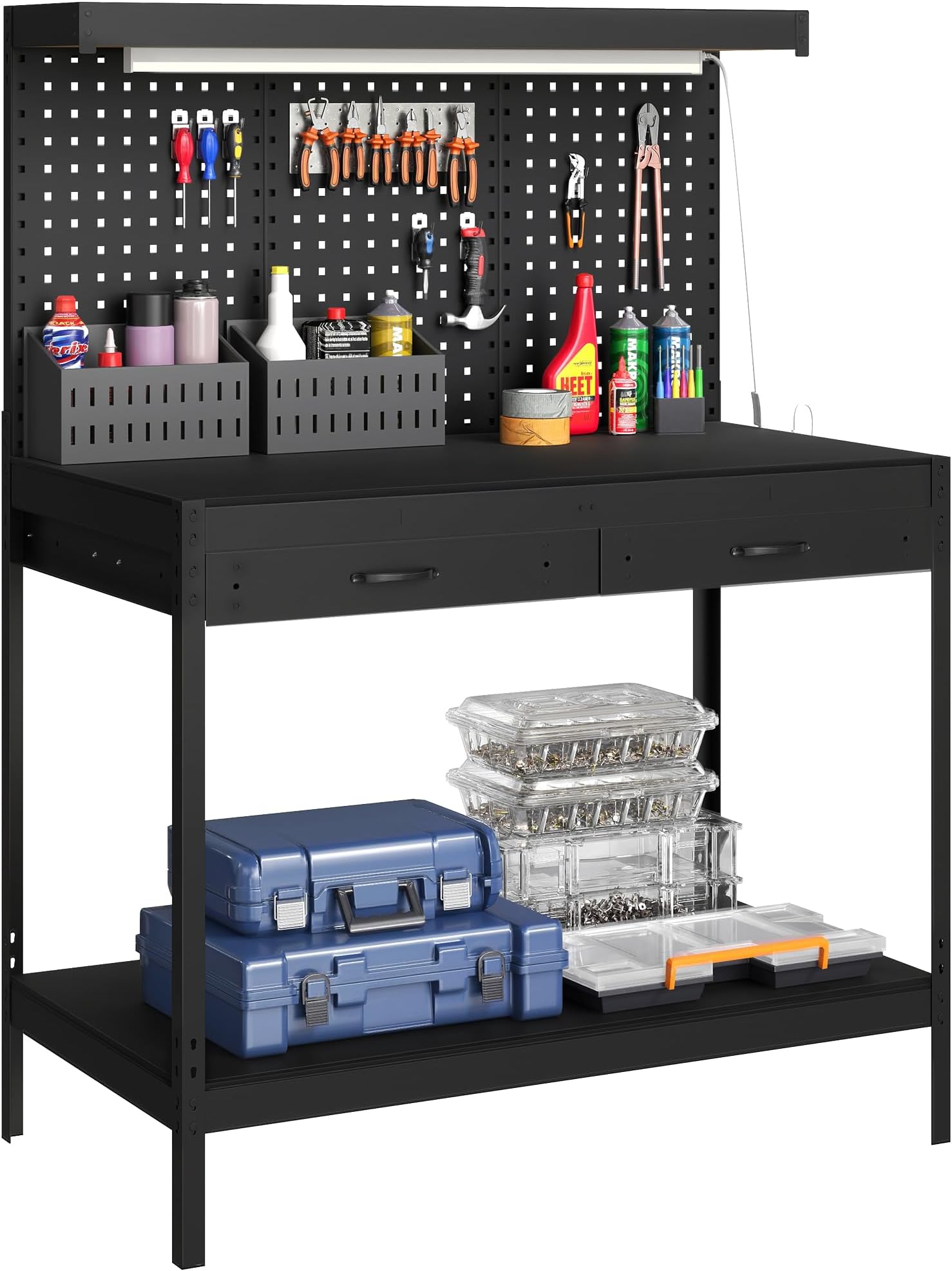 – HOMCOM Workbench with Pegboard, Heavy-Duty Work Bench with 2 Drawers and Adjustable Shelf, Workstation for Garage Workshop Warehouse, 272 kg Load Capacity, 110 x 60 x 150 cm, Black