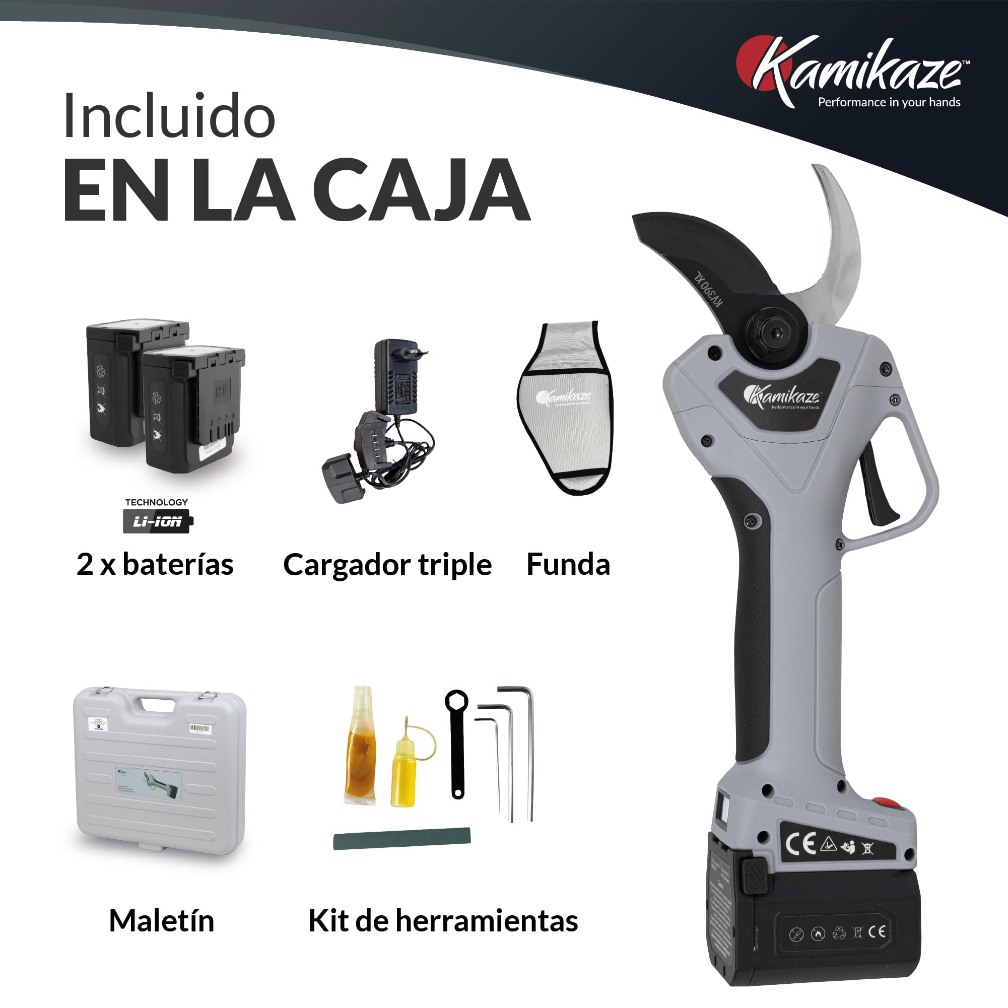 KAMIKAZE KV390 Tijera Eléctrica de Poda Profesional con Batería de Litio 21,6V, Ø35mm de Corte, 2 Baterías y Cargador Triple, Pantalla Inteligente, Kit de Mantenimiento y Maletín de Transporte