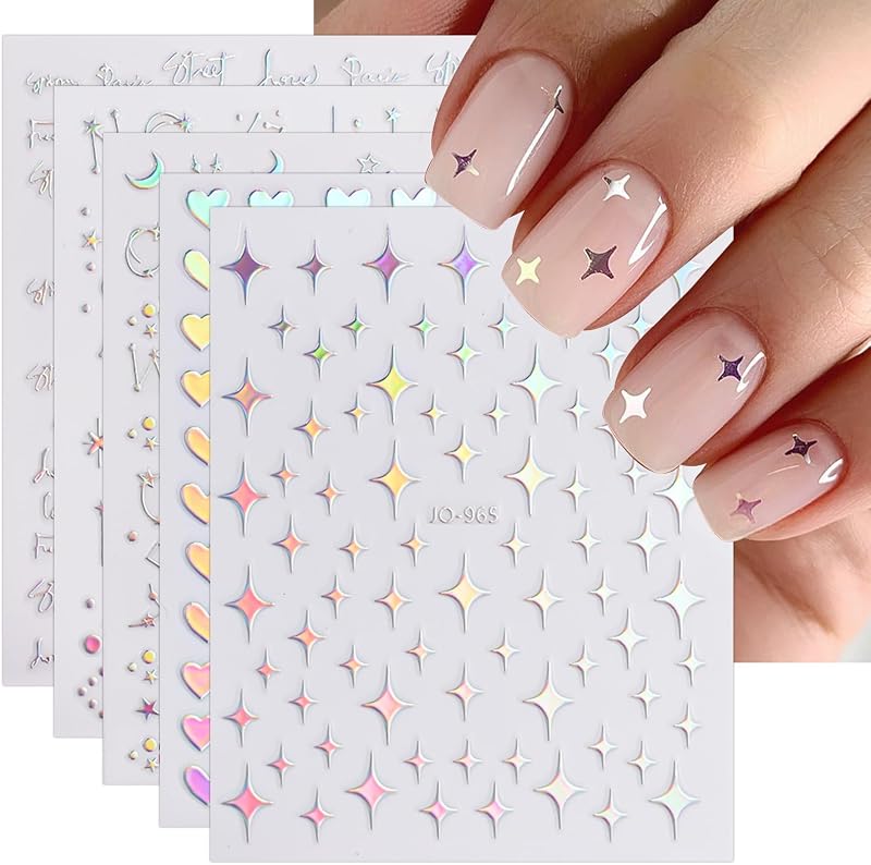 JMEOWIO 12 Hojas Aurora Nail Art Pegatinas Calcomanías Autoadhesivas Uñas Glitter Holográfica Estrella Corazón Suministros de Uñas Nail Art Diseño Decoración Accesorios