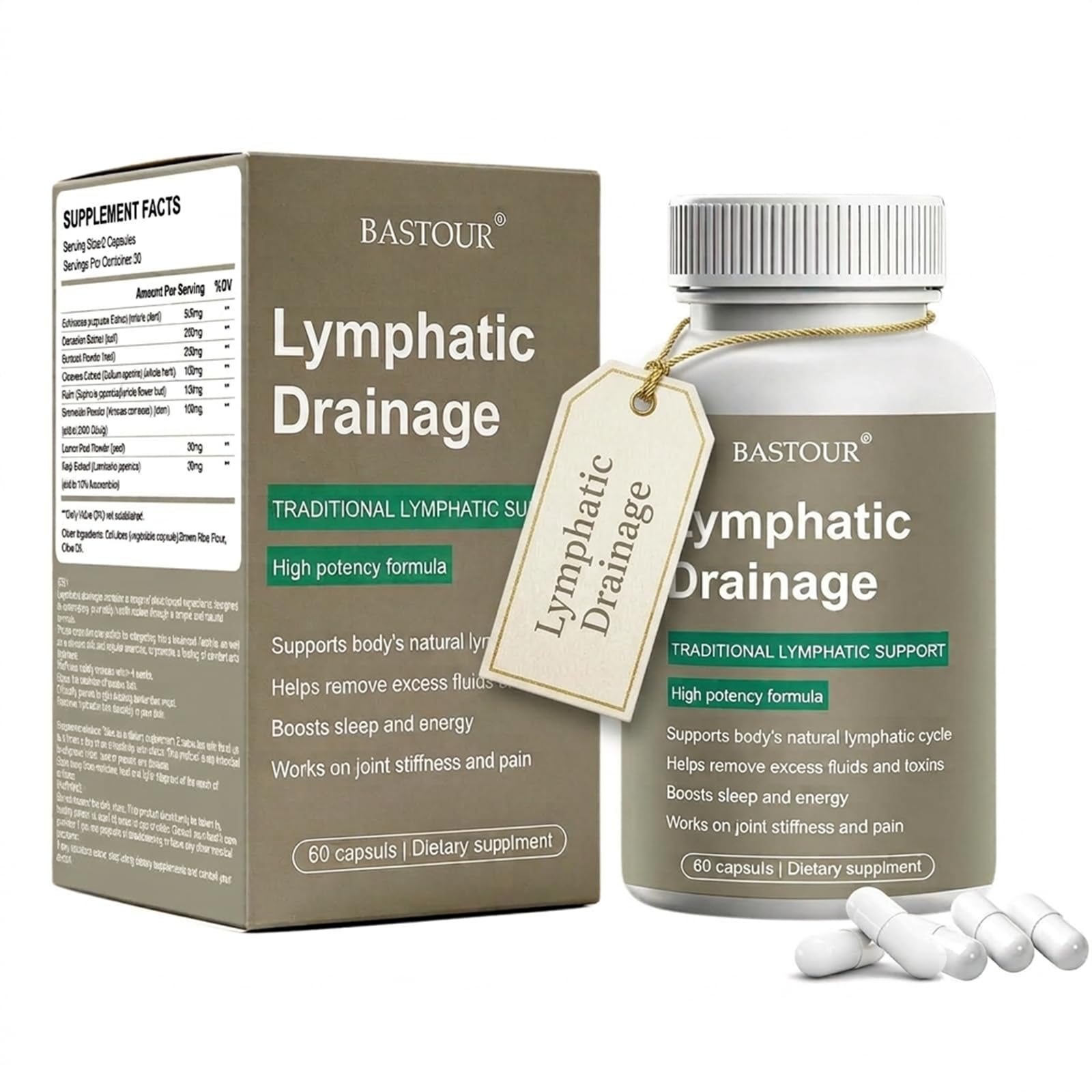 Drenaggio Linfatico Capsule, Senza Glutine, 60 Capsule，1 Flasche | Sostiene l'Assorbimento Sistema Immunitario, Miscele Naturali di Piante, Vegano