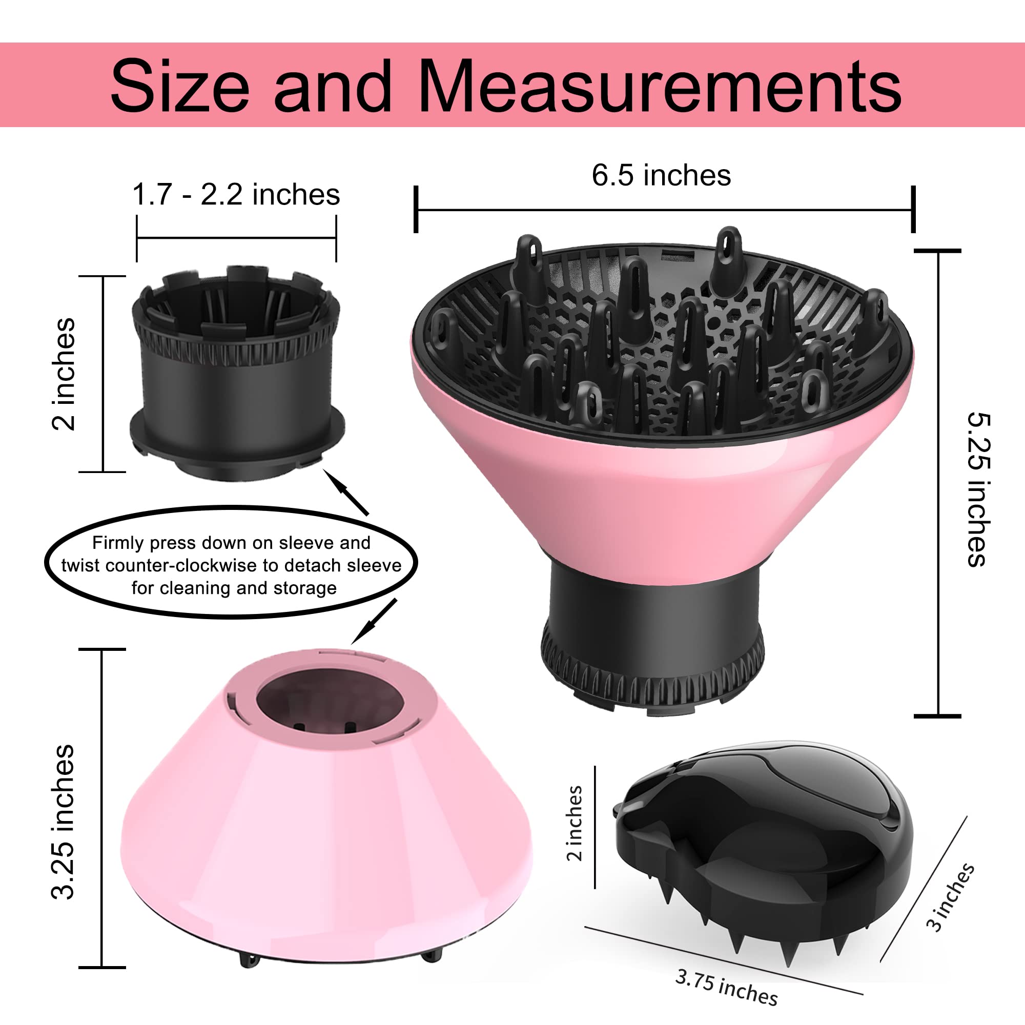 Universal-Haardiffusor, anpassbar, für Föhndüsen von 4,3 bis 5,6 cm Durchmesser (Rosa mit Shampoo-Bürste)