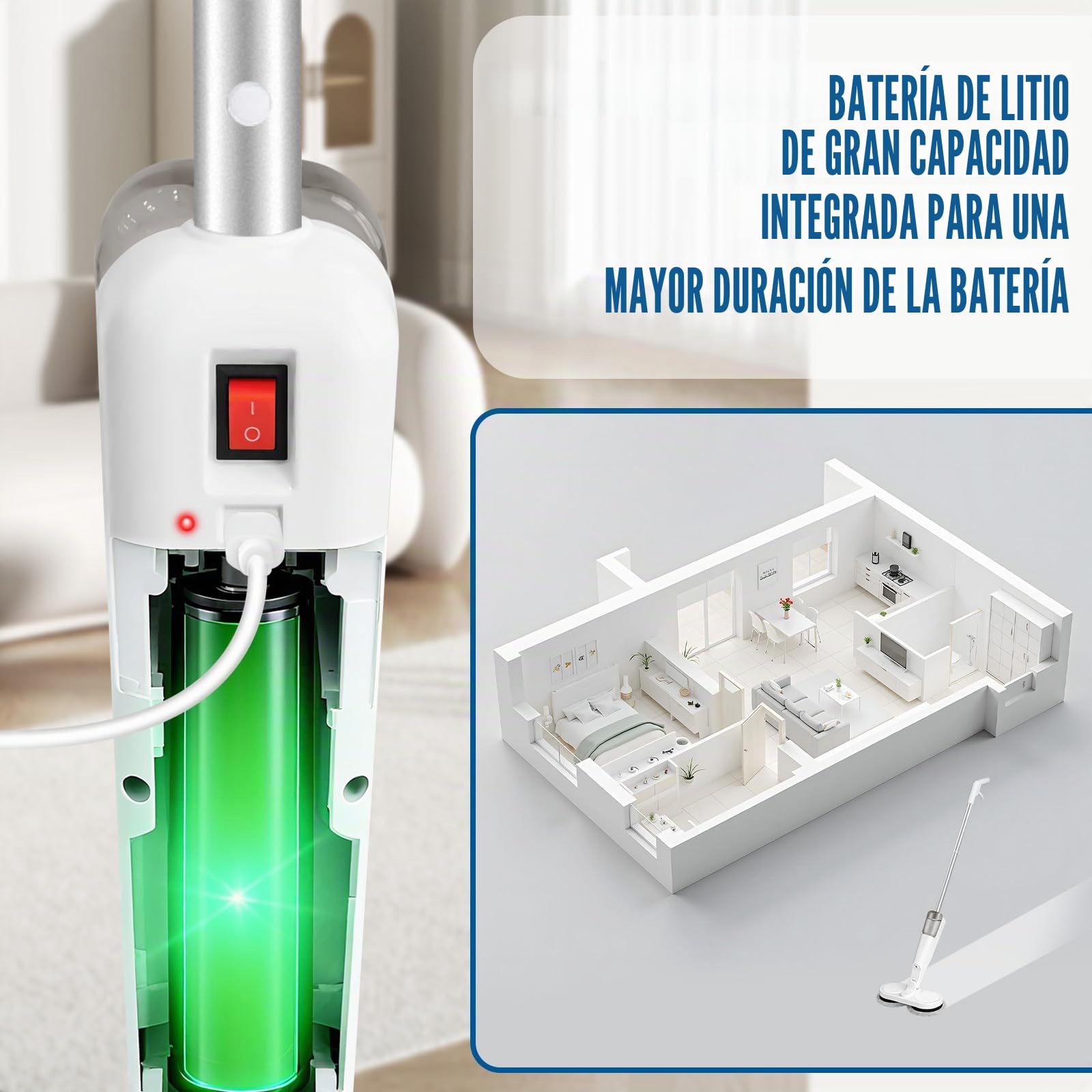 Mopa eléctrica inalámbrica de 7.4 V 2000 mAh, batería de litio de 200 ml, tanque de agua de 1 hora de funcionamiento, trapeador seco y húmedo, color blanco, 113 x 28 x 13 cm