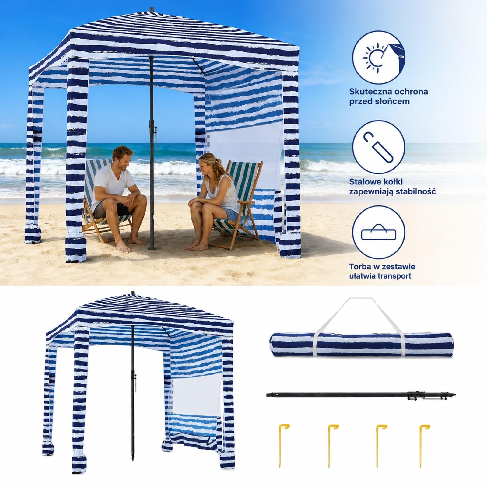 Kabana plażowa z panelem bocznym i workami na piasek, granatowe paski do użytku na plaży