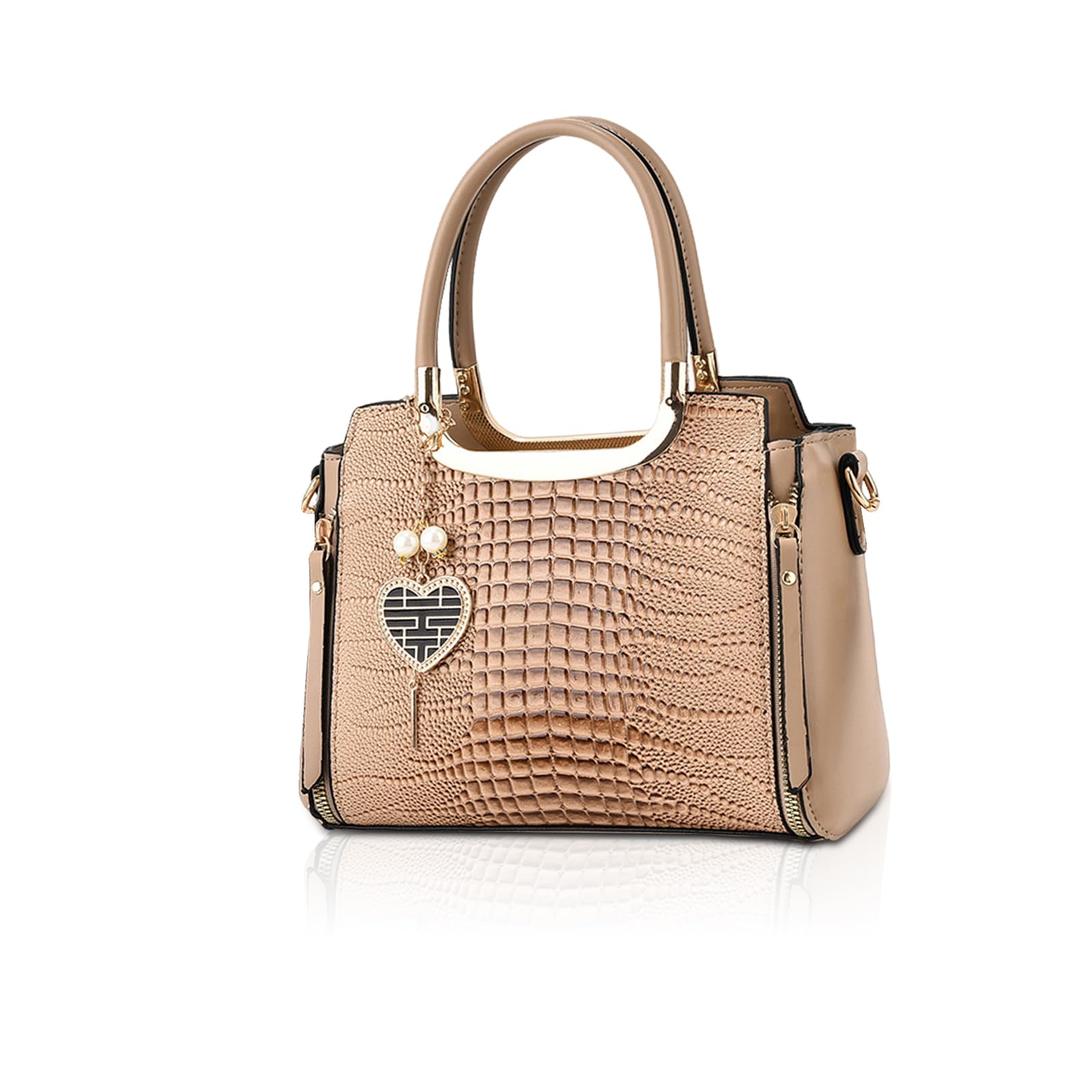 NICOLE & DORIS Mode Handtaschen Damen Schultertaschen Elegant Henkeltasche PU Leder Umhängetasche Crossbody Bag Krokodil Handtasche mit Anhänger Khaki