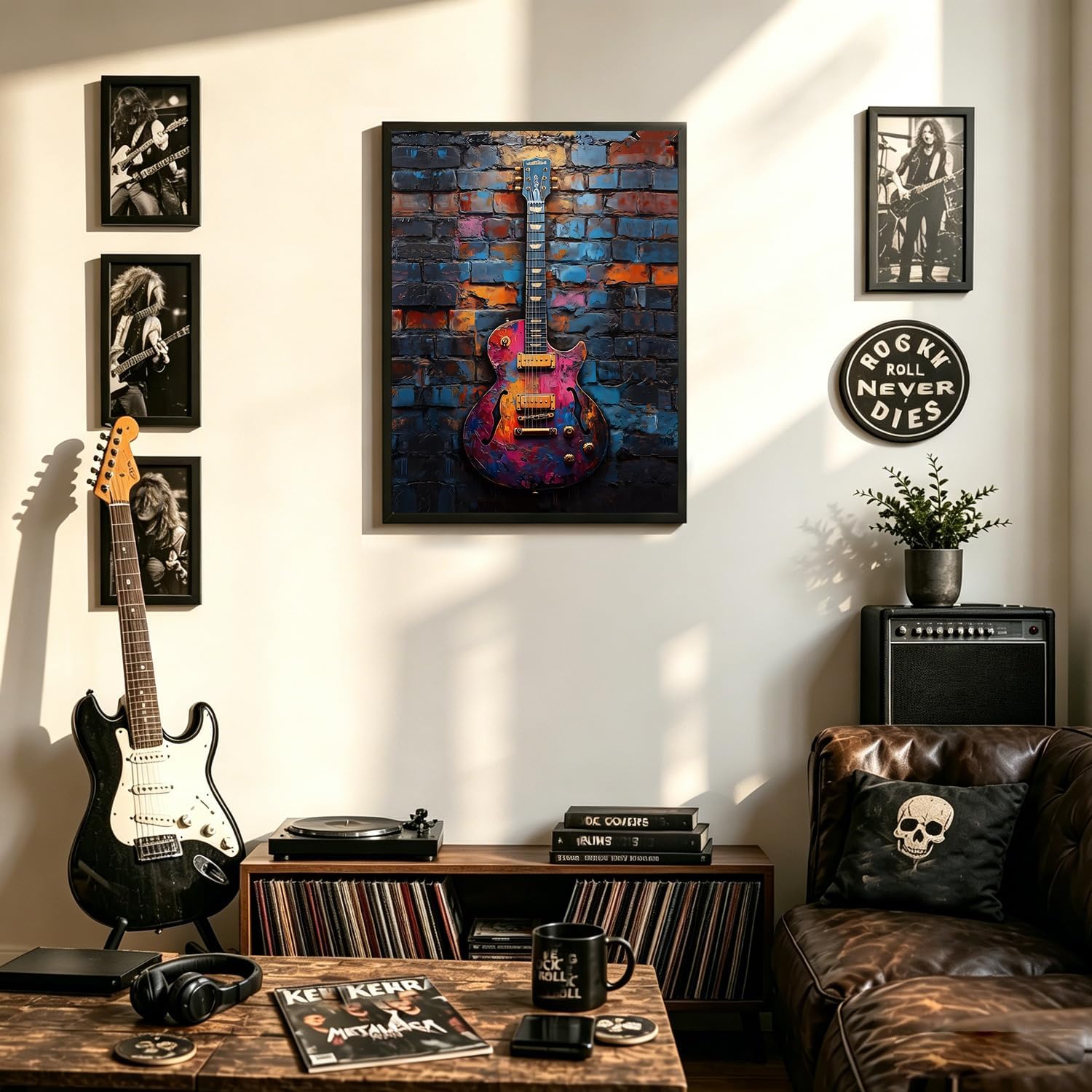 NCCXNCC Vintage Rock Music Canvas Wall Art Set of 3, 16x24 Inch Guitar Drum Microphone Unframed Poster, Retro Wall Decor for Living Room Bedroom Music Studio