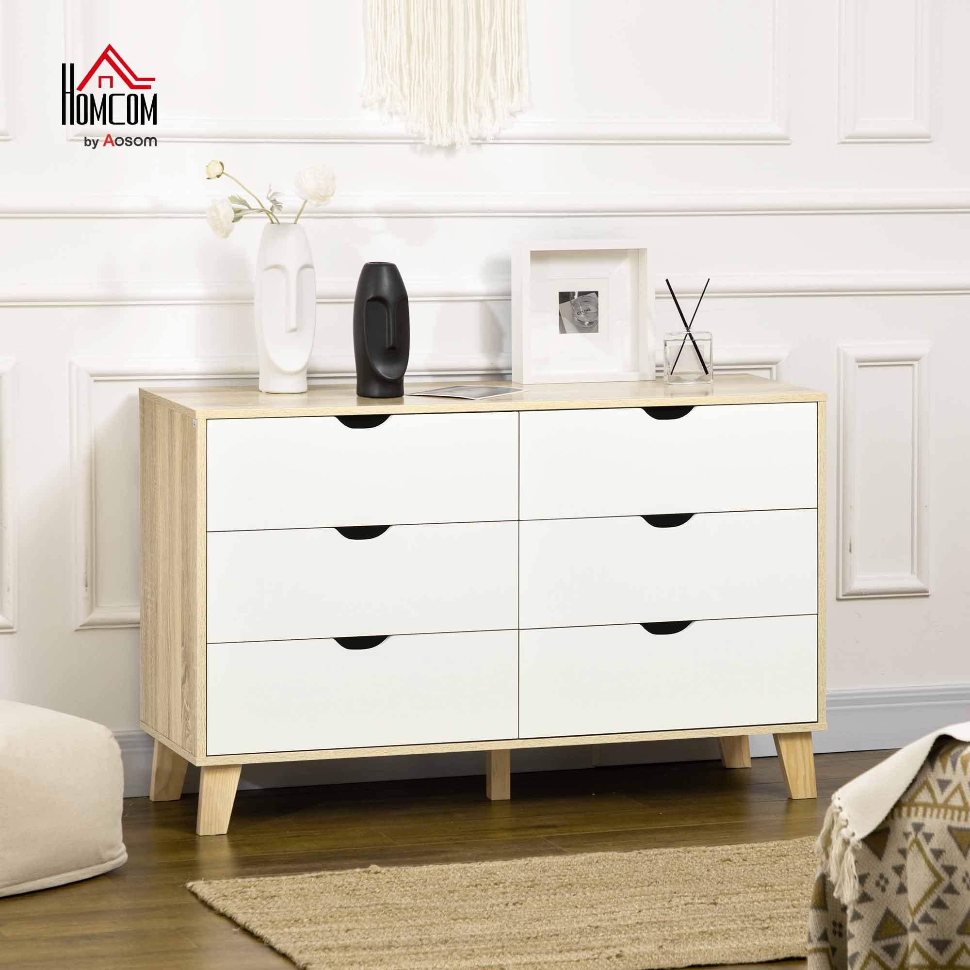 HOMCOM Commode 6 tiroirs Commode Chambre Meuble de Rangement Style scandinave avec Pieds en Bois, pour Chambre à Coucher, Salon, 120 x 40 x 76 cm, Aspect Bois et Blanc