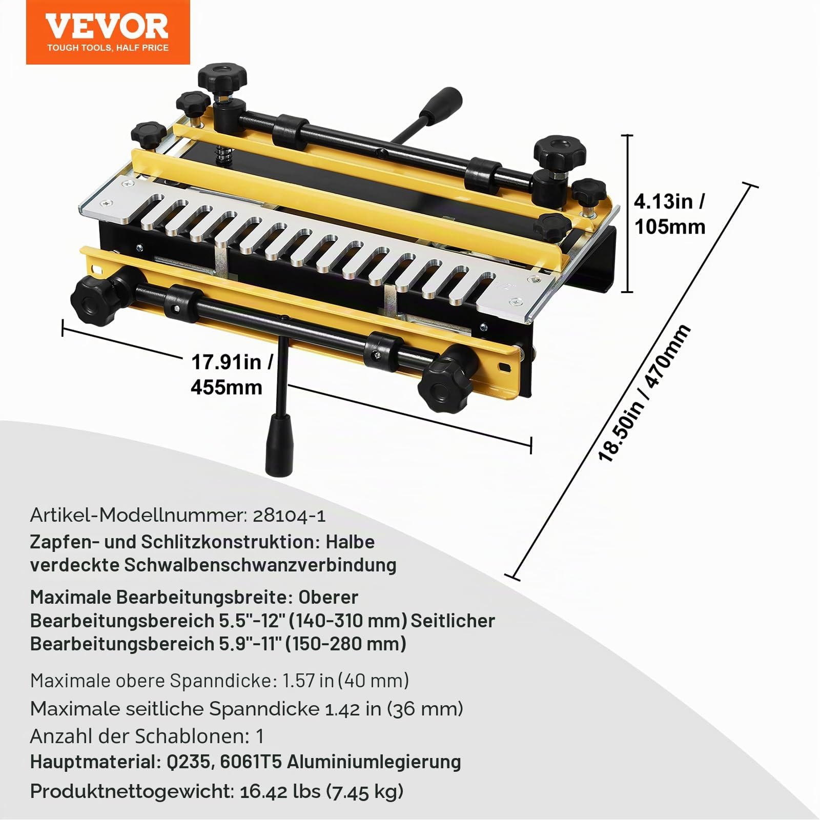 VEVOR Zinkenfräsmaschine 31 cm Breit, Zinkenfrässchablone mit Fräser & 12,7-mm-Schablone, Präzise Ausrichtung, Zapfen- & Zapfenschneidvorrichtung, Werkzeug für Möbel- & Schrankherstellung | Einfache Bedienung, robust und langlebig