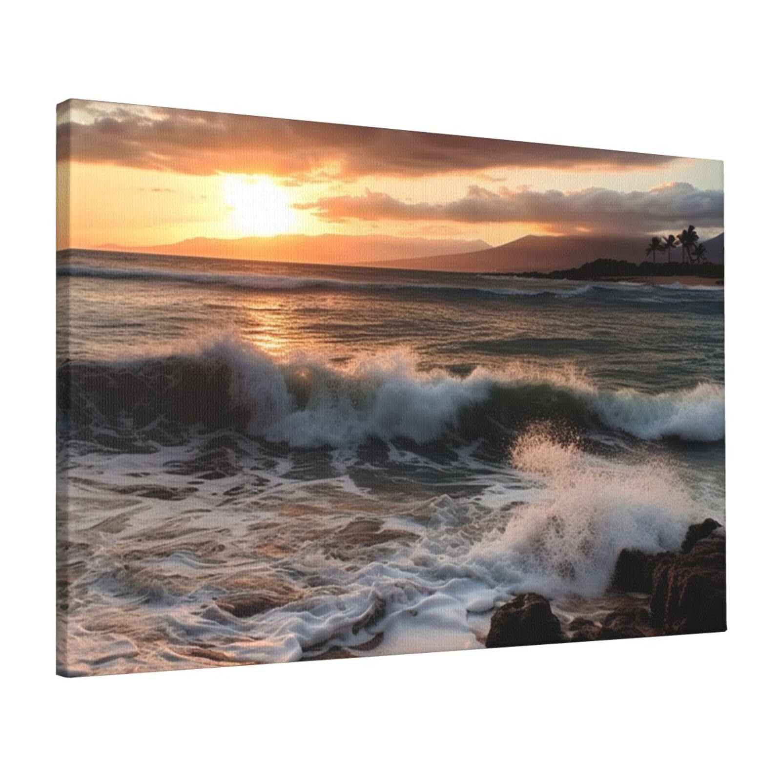 FodPand Canvas Wall Art for Living Room Wall Decor 16"x24" Modern Artwork Painting Pictures Hanging Canvas Prints Beach Sunset Sea Waves Aesthetic Wall Art for Bedroom Bathroom Office Wallart Decor