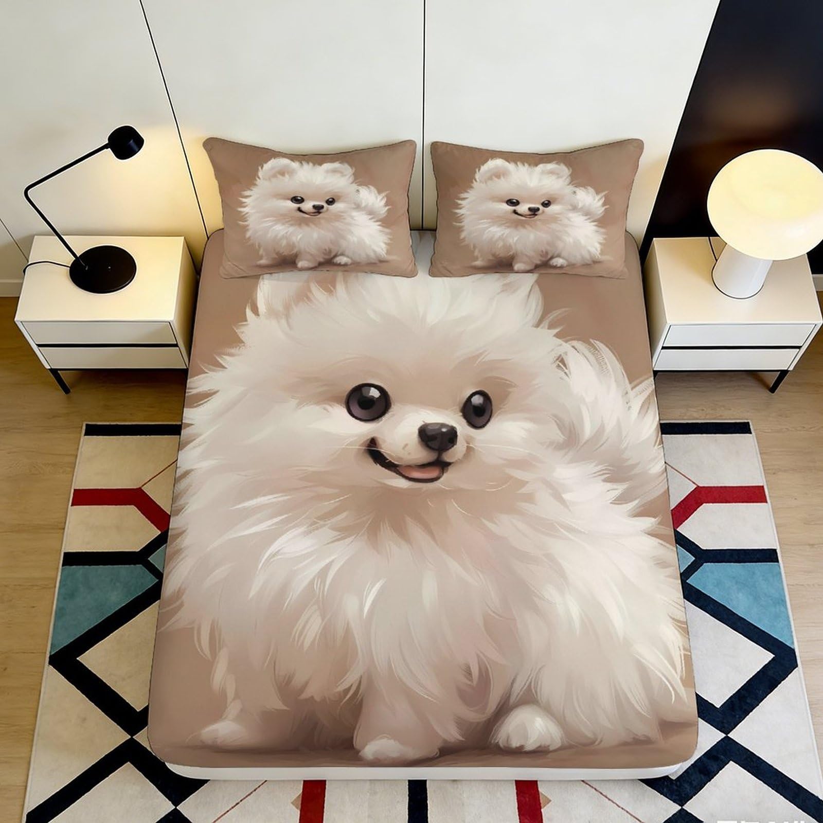 3D Printed Fluffy White Dog Fitted Sheet Microfiber Soft Anti-Slip Cute Puppy Mattress Cover Bedroom Dorm Washable Decor 120x200x25cm