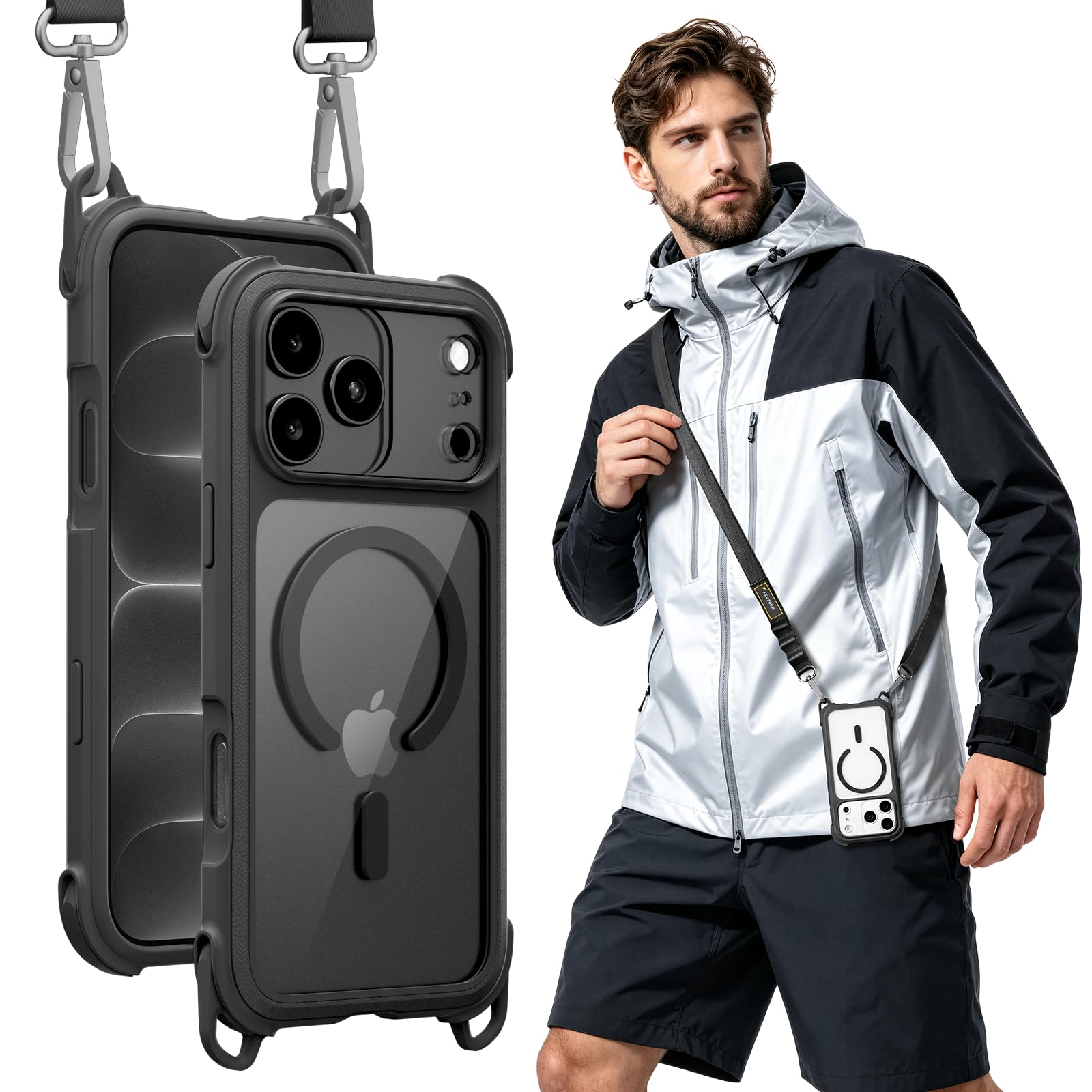 Photo 1 of MAGEASY Odyssey MagSafe Crossbody iPhone Case with Strap for iPhone 18 Pro Max & 17 Pro Max, 20ft Drop Protection, TPU Leather Shoulder Phone Carrying Case with Adjustable Lanyard (Black)