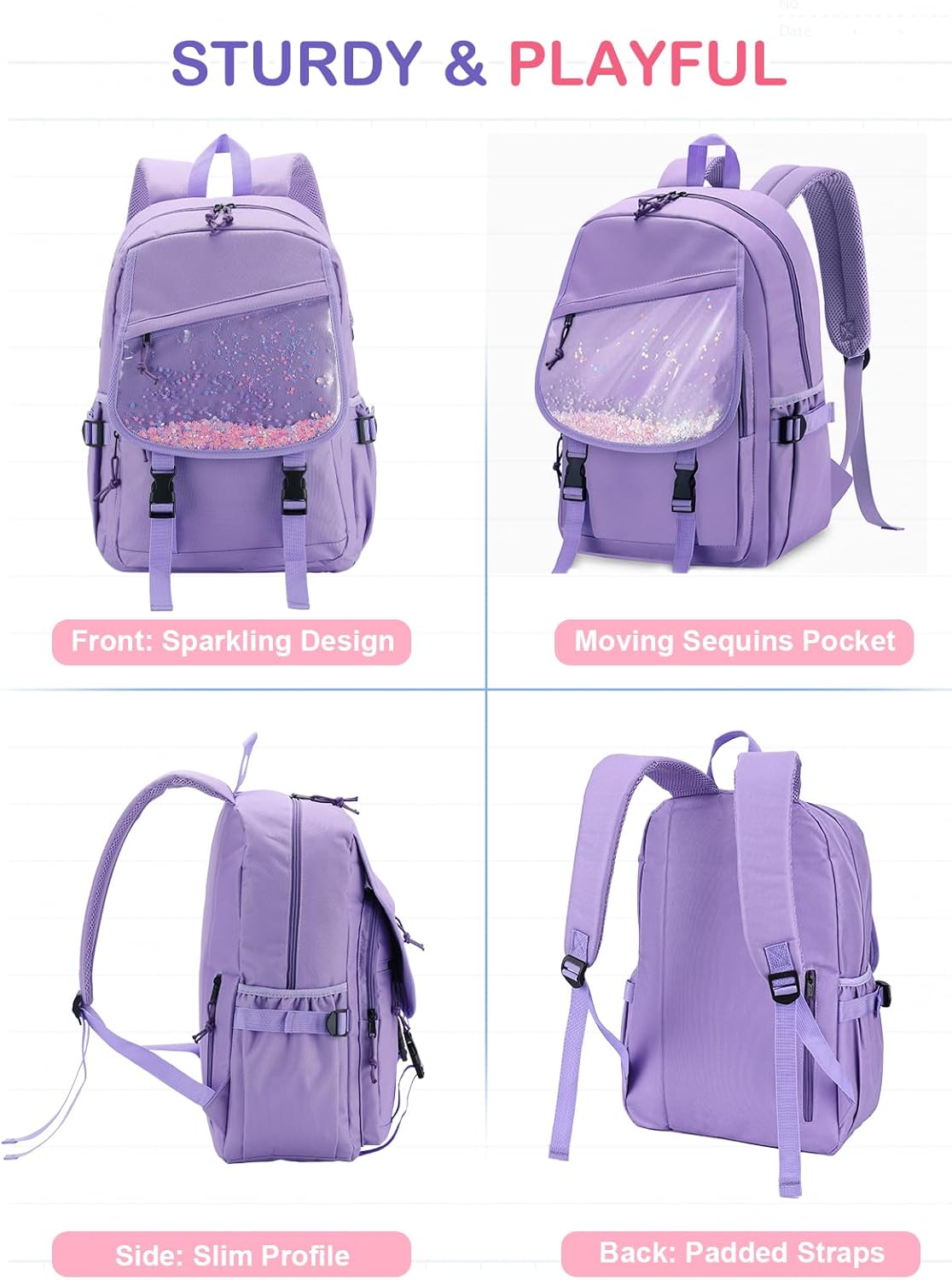 VASCHY Backpack for Girls, Cute Elementary School Bag Bookbag for Primary Schooler Kids with Sparkling Sequin Clear Pocket Purple