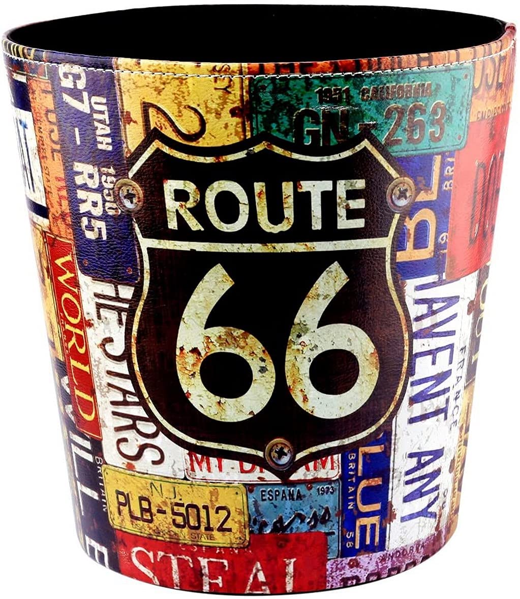Pattumiera in Pelle - 10L Cestino Spazzatura - Vintage Cestino Gettacarte - Cestino per la Carta - 25 * 20 * 27 cm (Route 66)